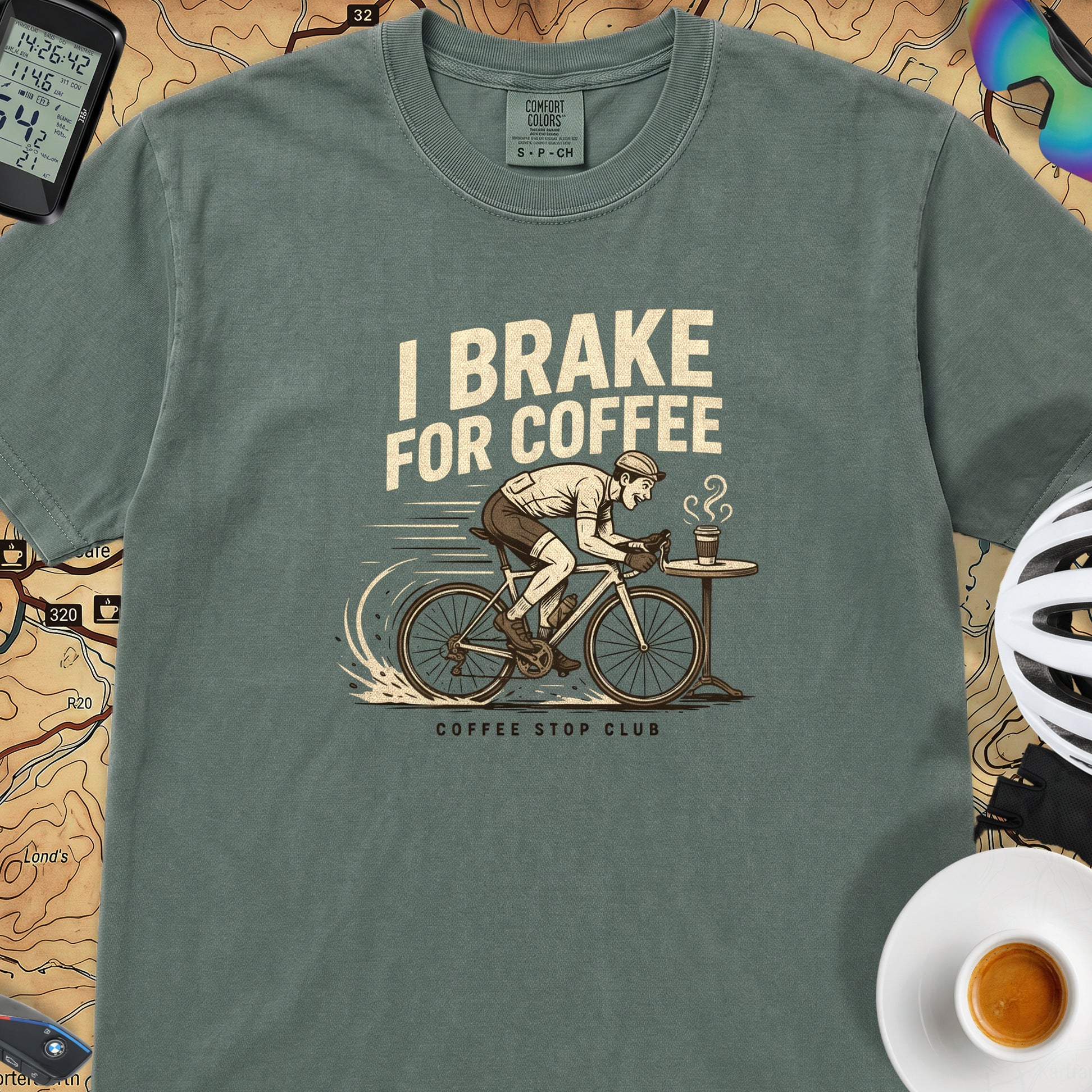 I Brake For Coffee  T-Shirt — Blue Spruce