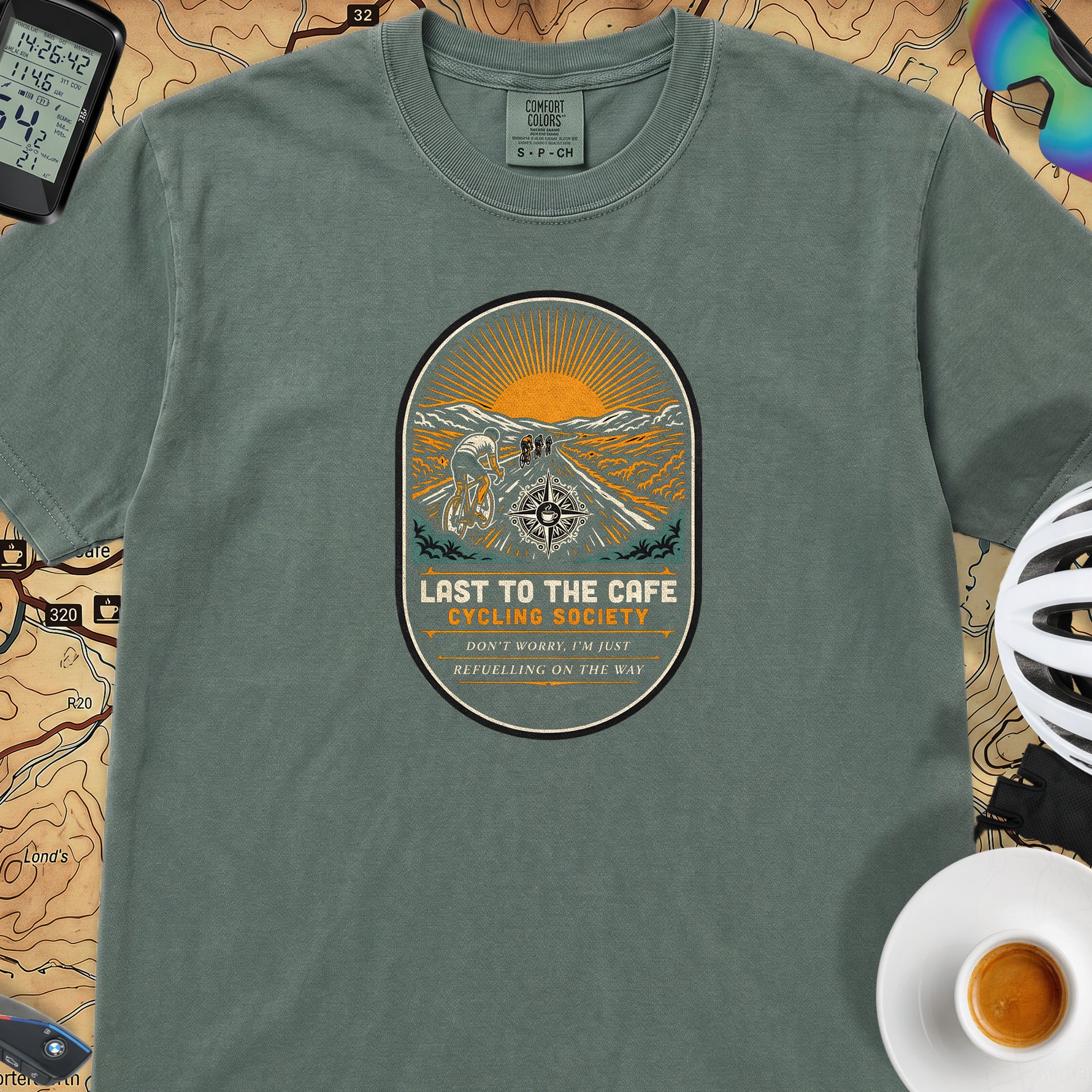 Last to the Café Cyclist T-Shirt — Blue Spruce
