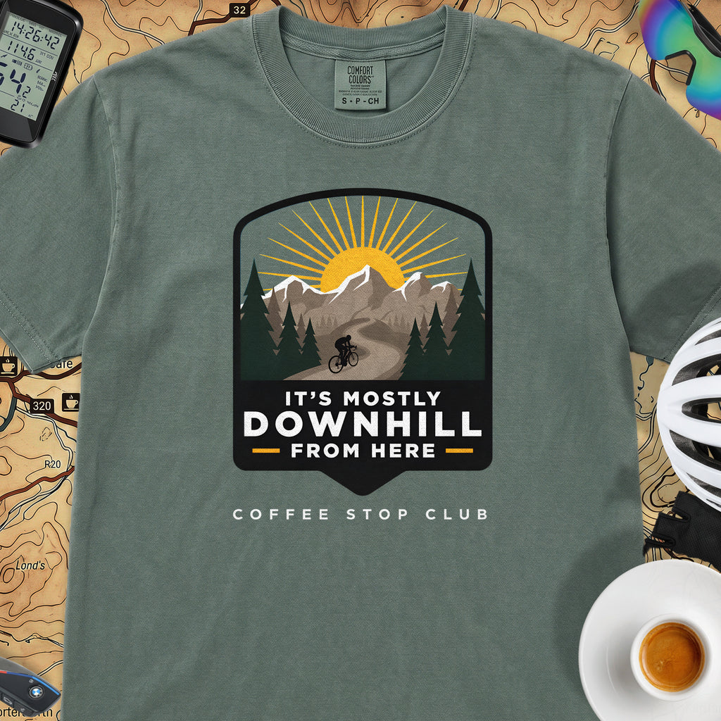 It's Mostly Downhill From Here Cycling T-Shirt — Blue Spruce