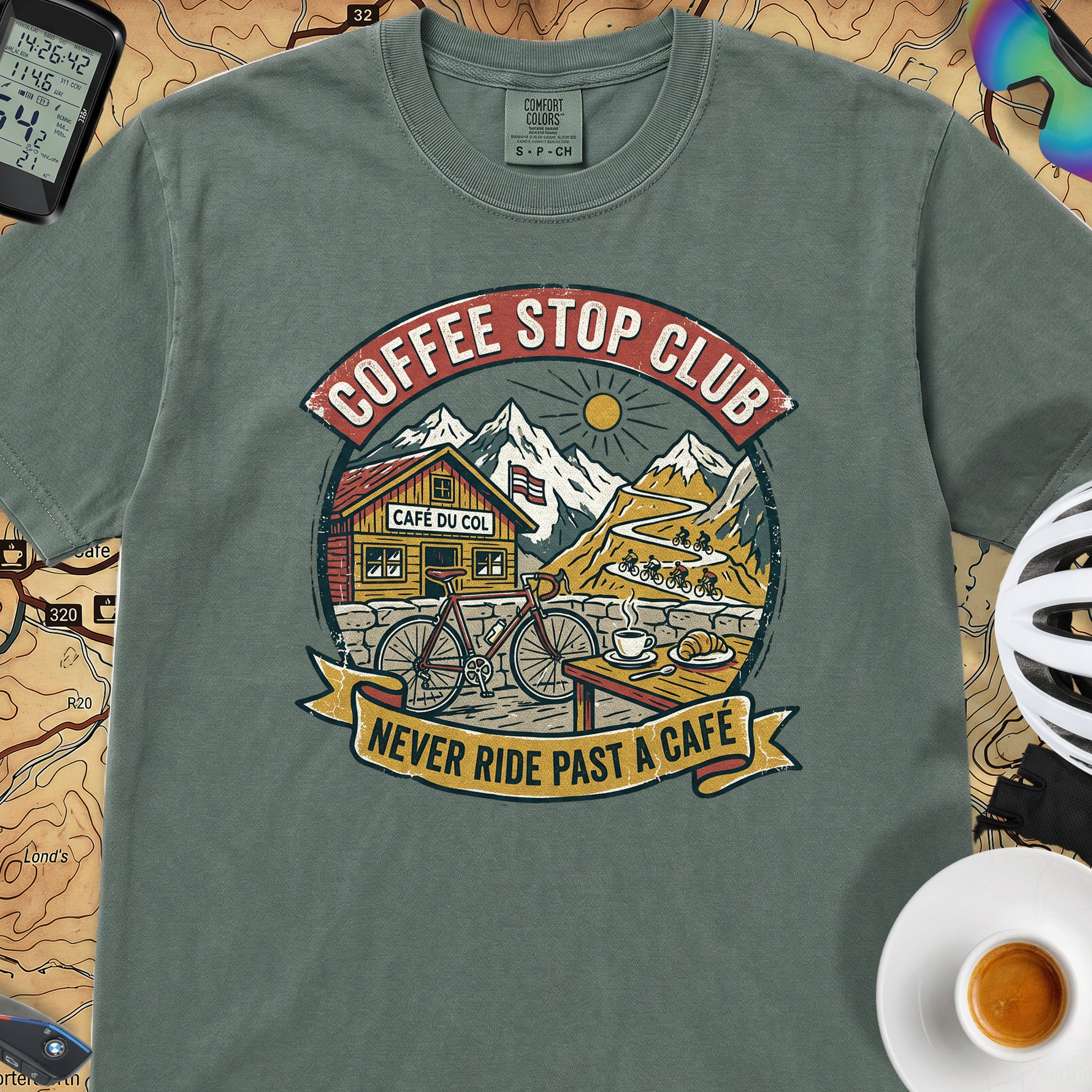 Never Pass a Café T‑Shirt — Blue Spruce