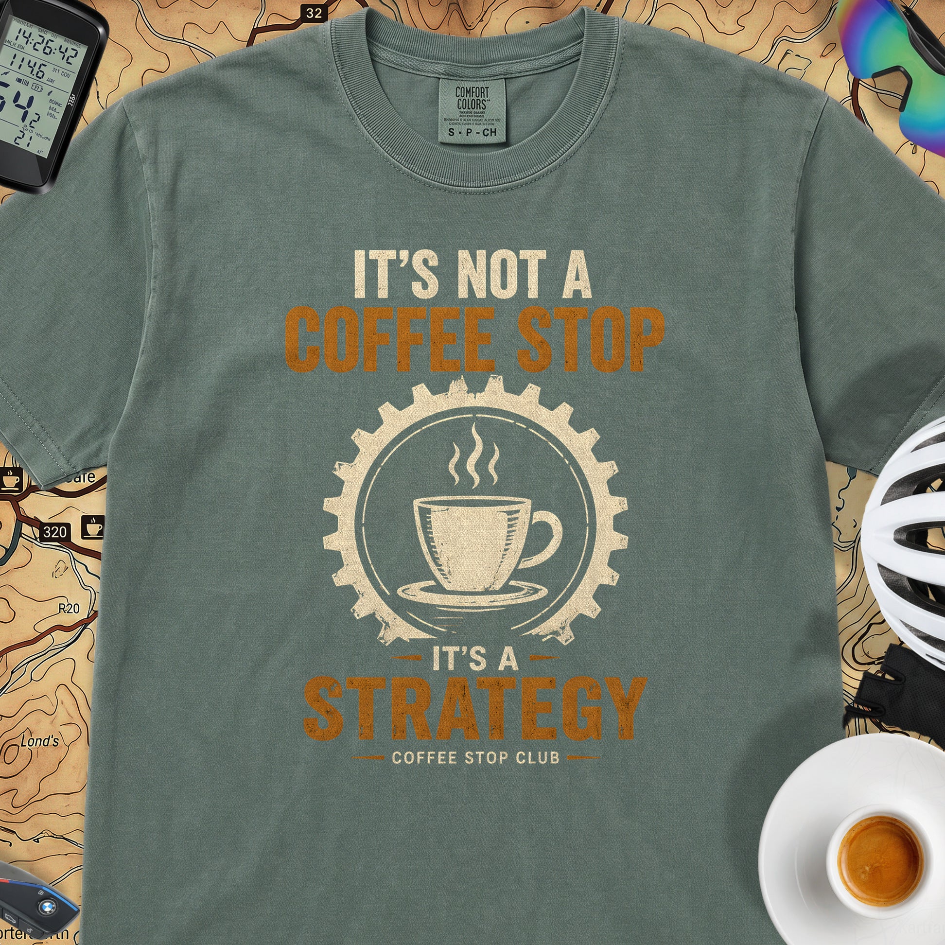 Coffee Stop Strategy Cycling T-Shirt — Blue Spruce