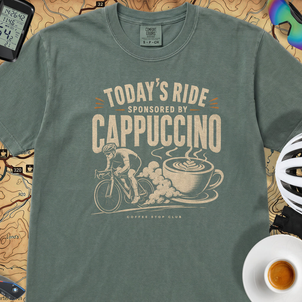 Sponsored by Cappuccino Cycling T-shirt — Blue Spruce