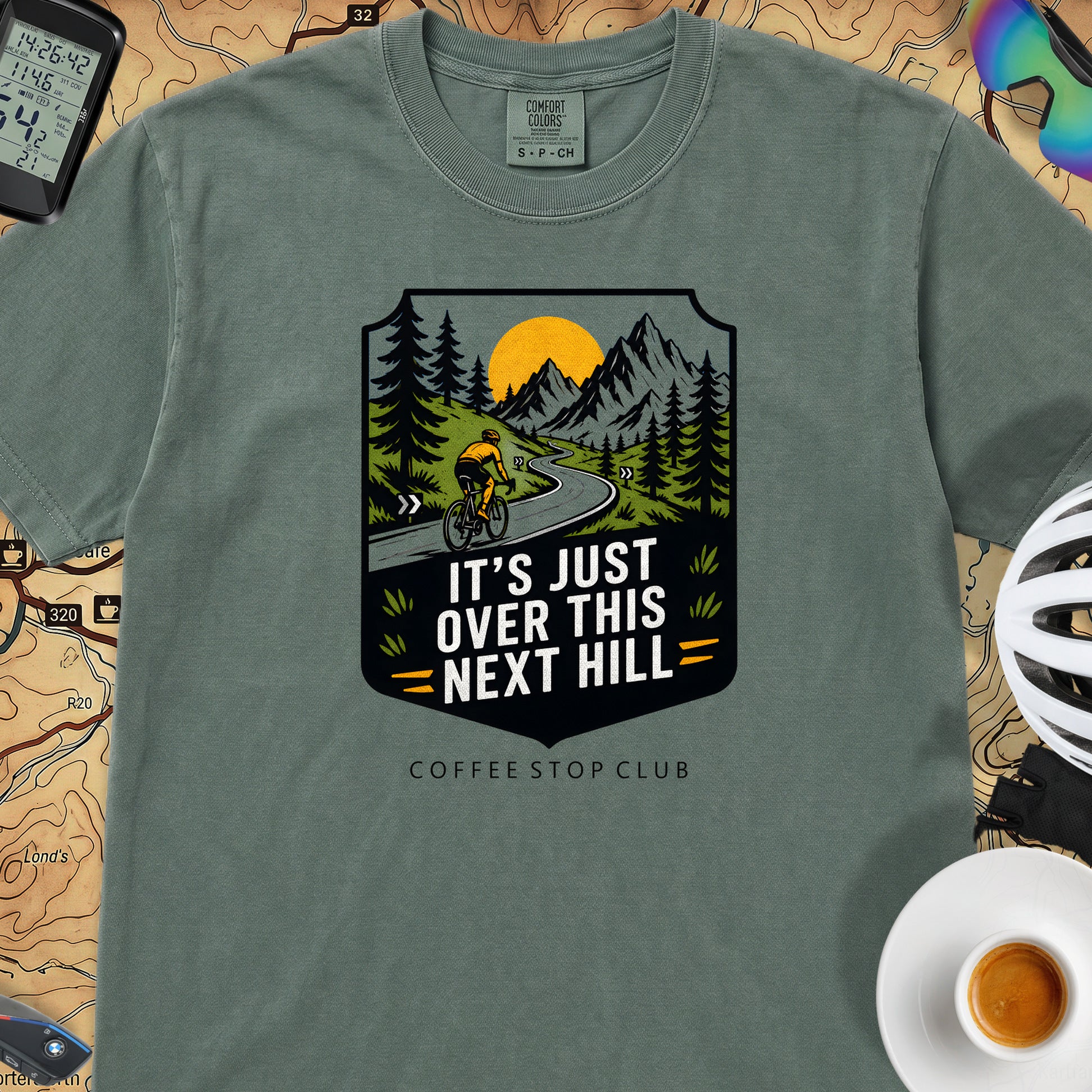 It's Just Over This Next Hill Cycling T-Shirt — Blue Spruce