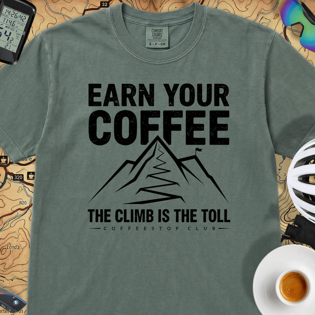 Earn Your Coffee Cycling T-Shirt — Blue Spruce