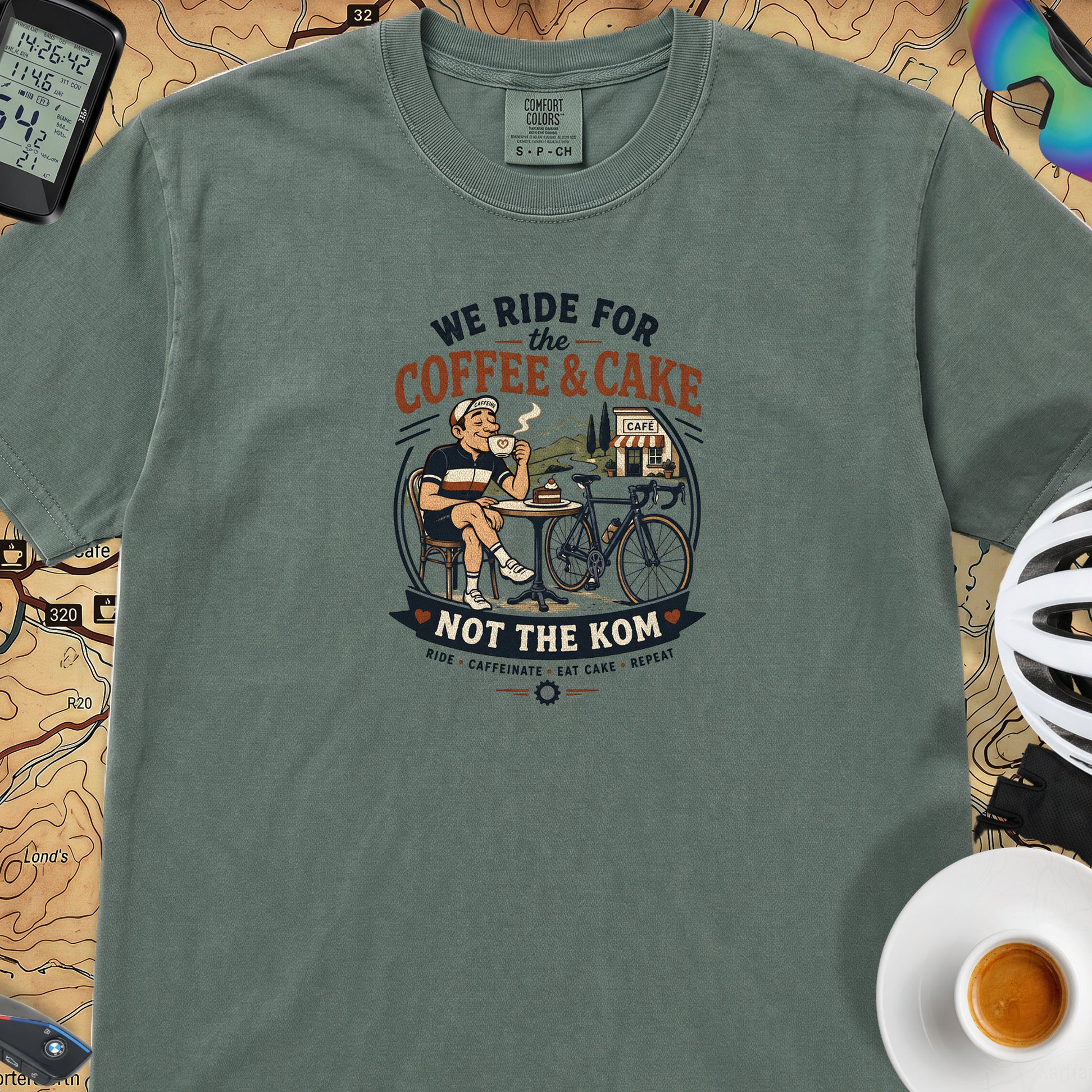 Ride For Coffee  and Cake T-Shirt — Blue Spruce