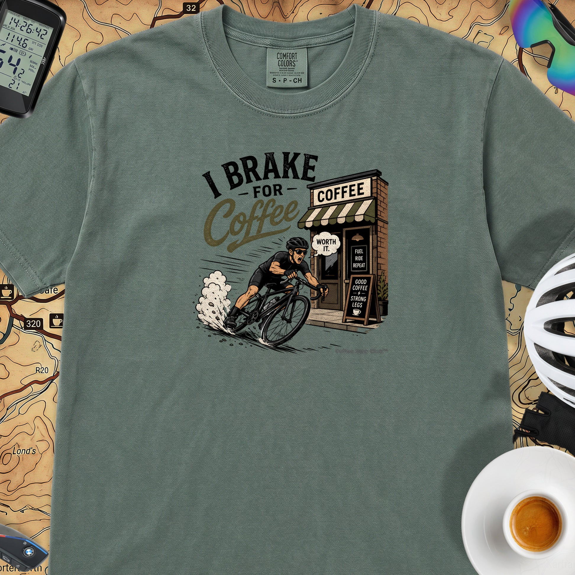 I Brake For Coffee T-Shirt — Blue Spruce