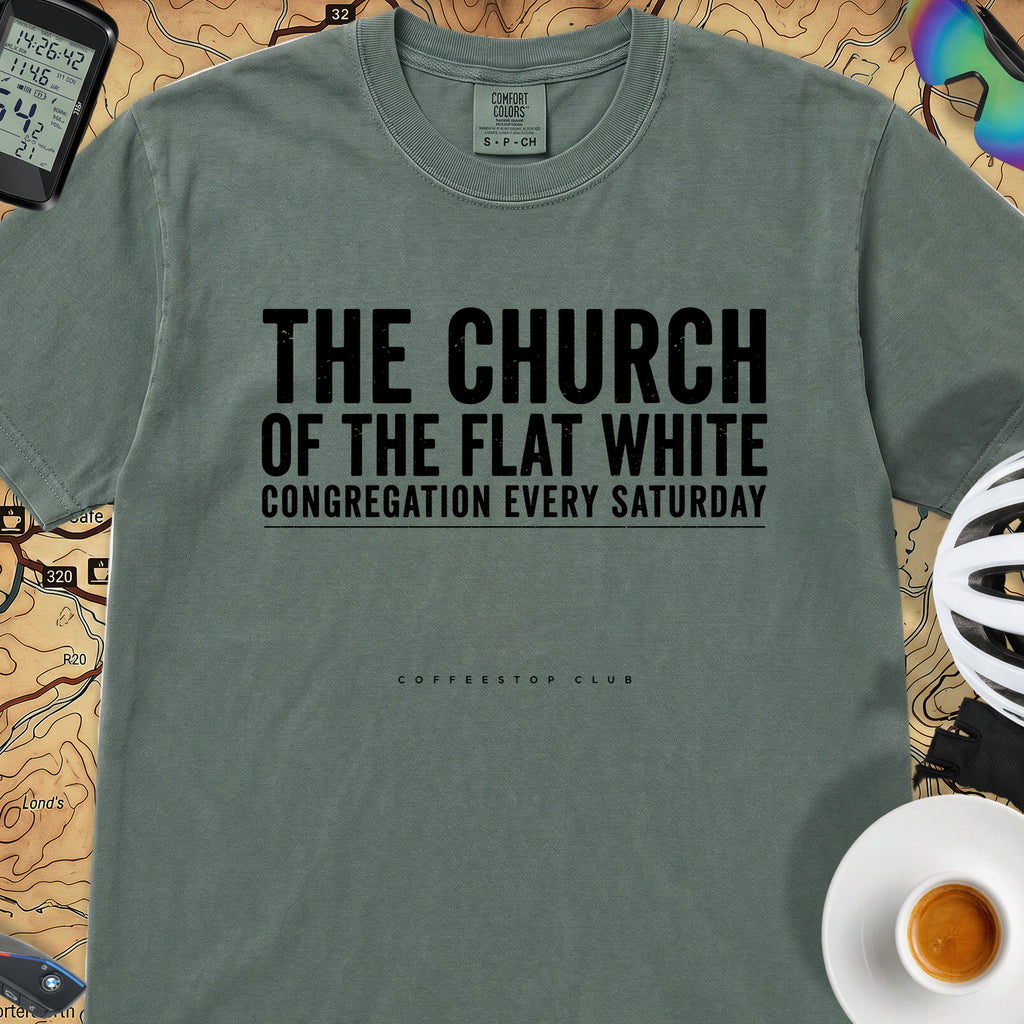 Church of the Flat White T‑Shirt — Blue Spruce