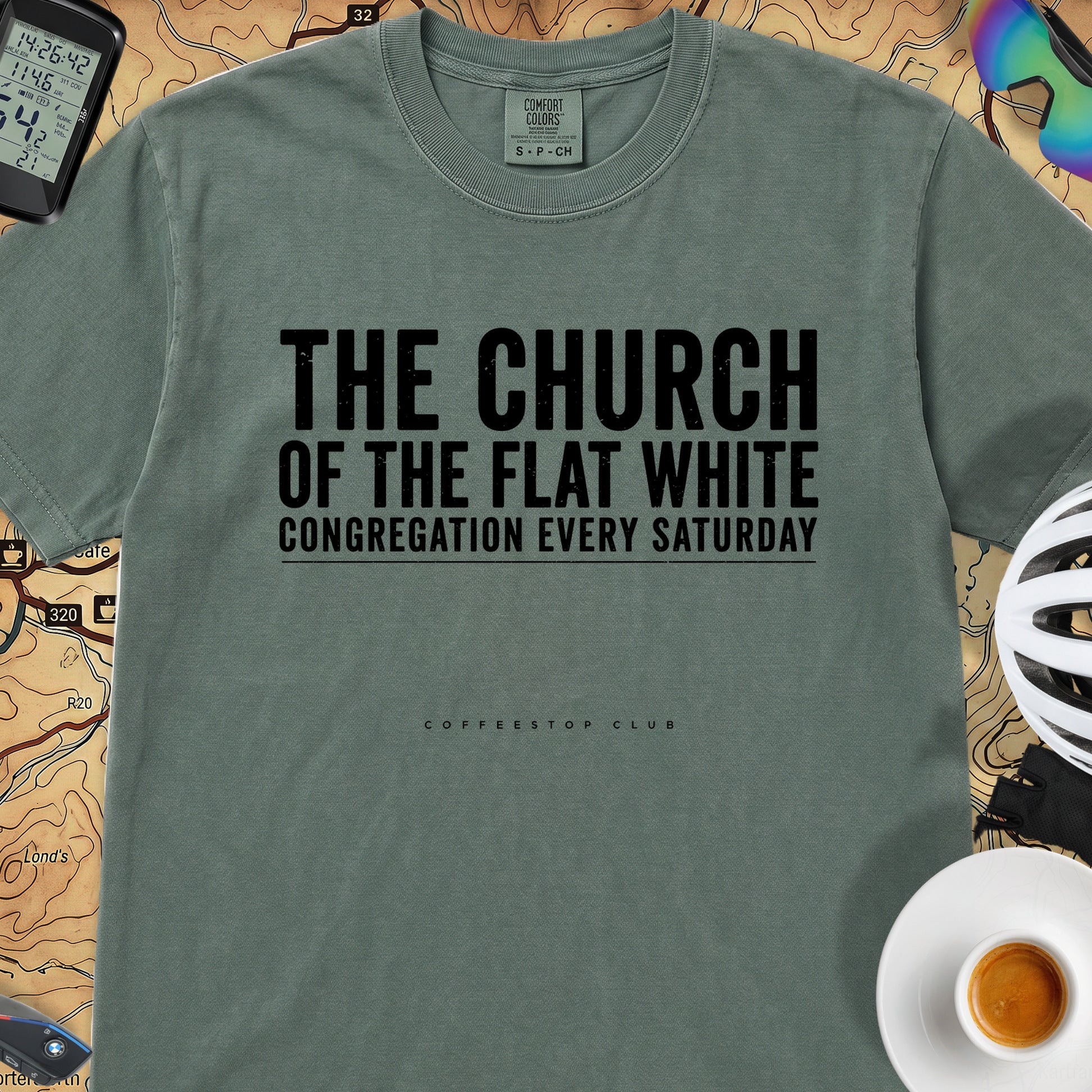 Church of the Flat White T‑Shirt — Blue Spruce