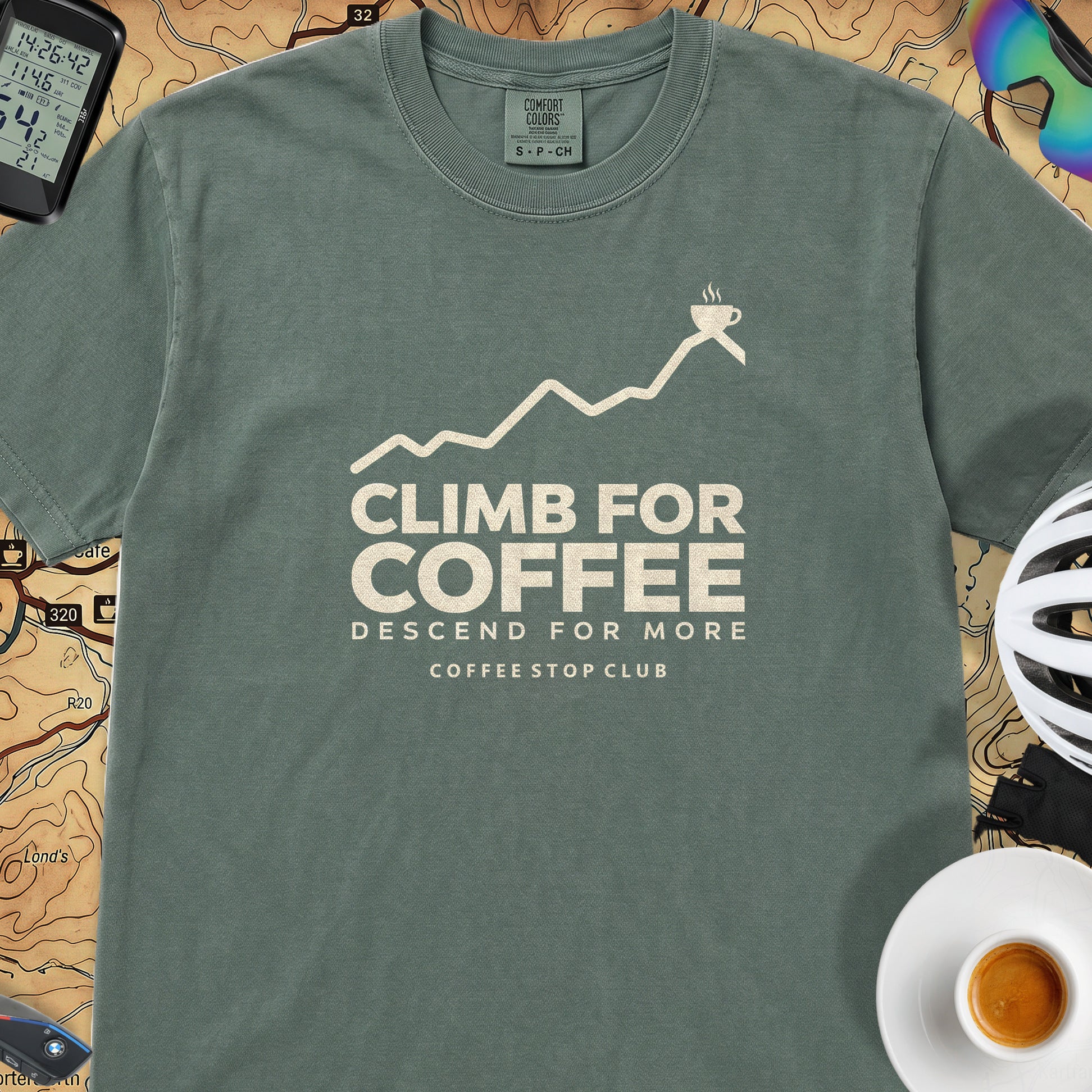 Climb For Coffee T‑Shirt — Blue Spruce