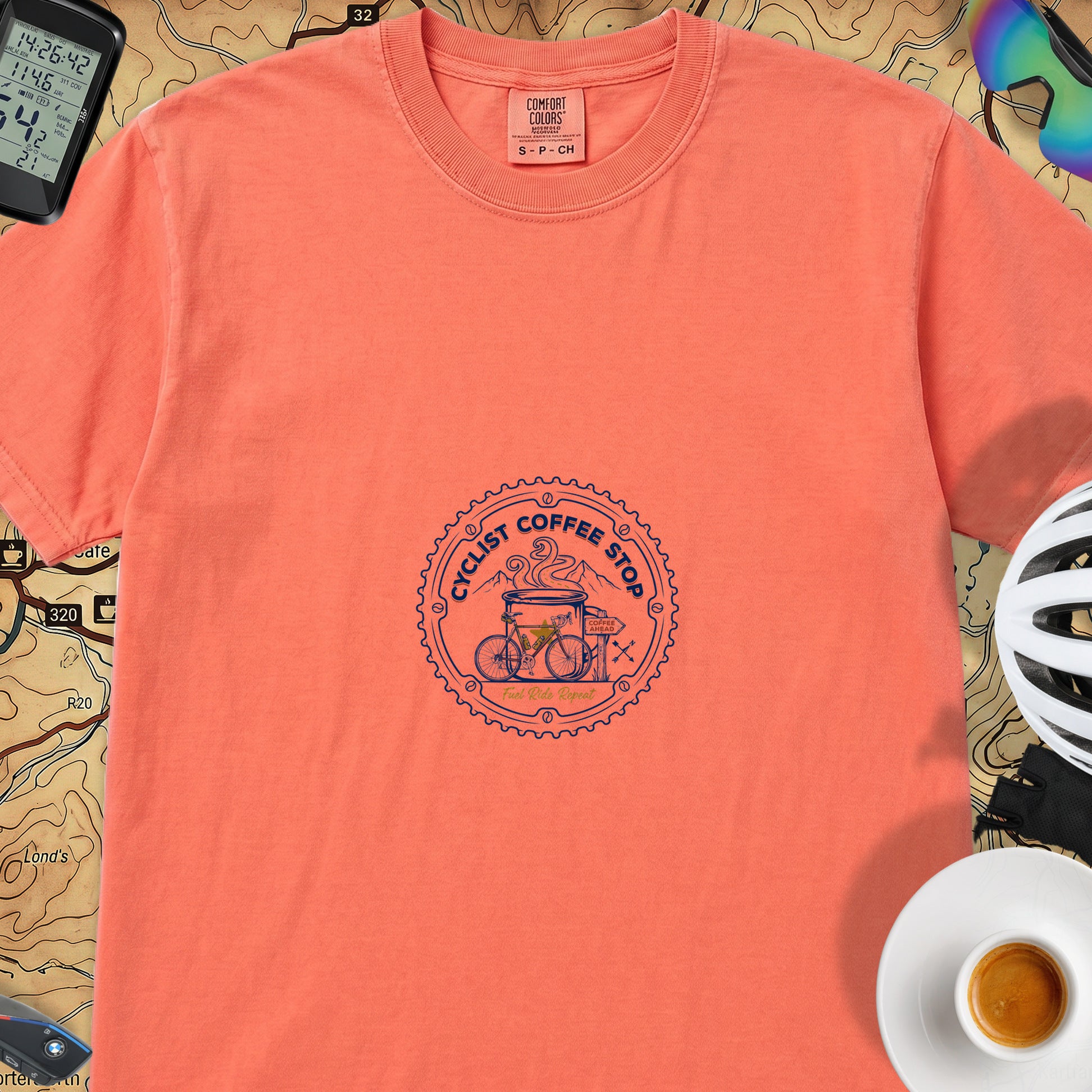 Cyclist Coffee Shop T-Shirt — Bright Salmon