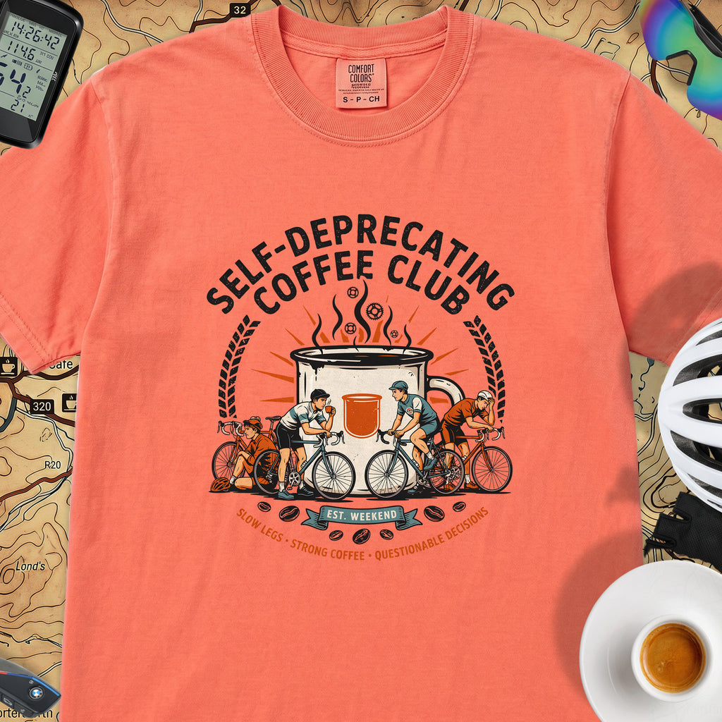 Self-Deprecating Cyclist T-Shirt — Bright Salmon