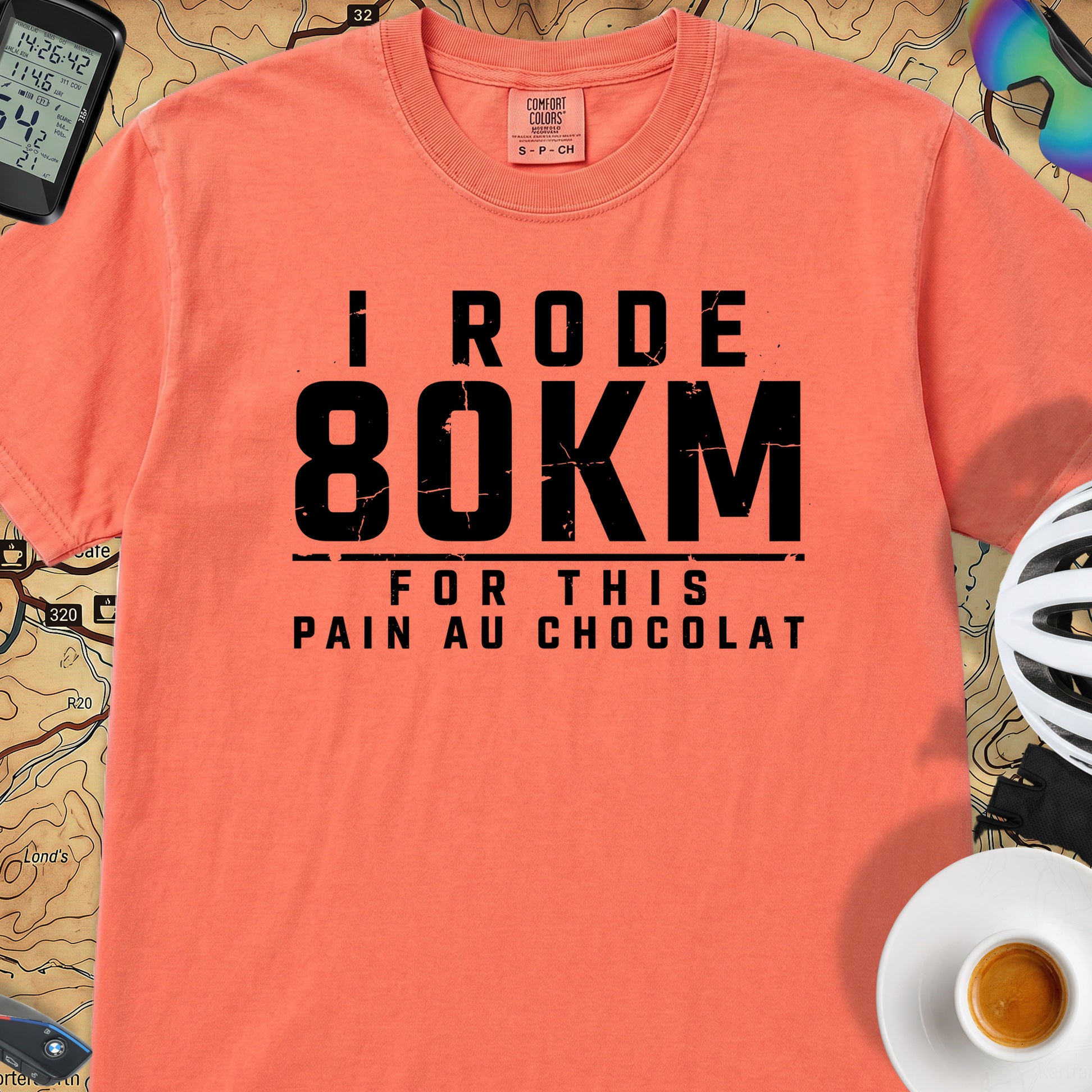 I Rode 800km For a Pain au Chocolat T‑Shirt — Bright Salmon