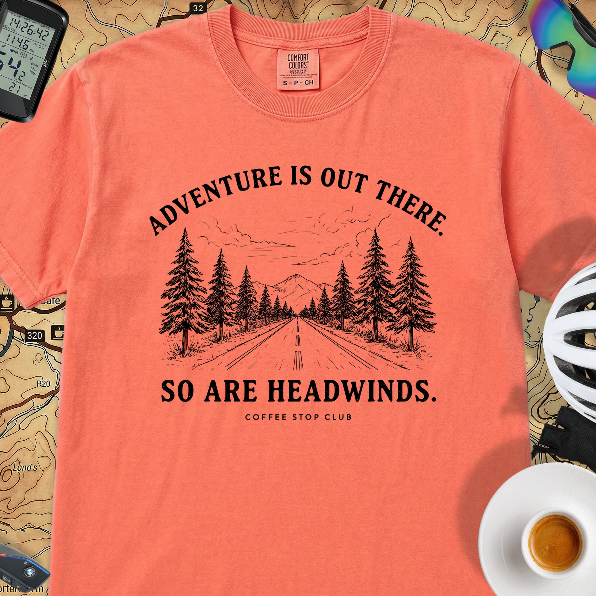 Adventure Is Out There Cycling T-Shirt — Bright Salmon