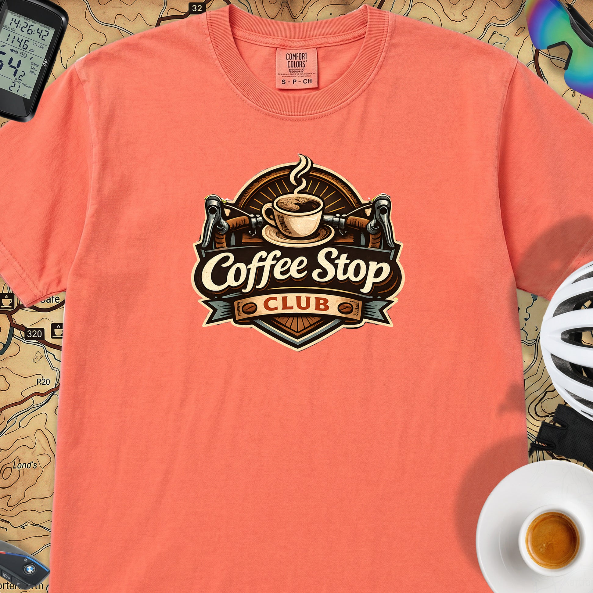 Vintage Coffee Stop Club T‑Shirt — Bright Salmon