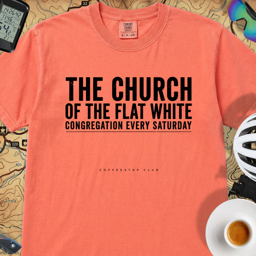 Church of the Flat White T‑Shirt — Bright Salmon