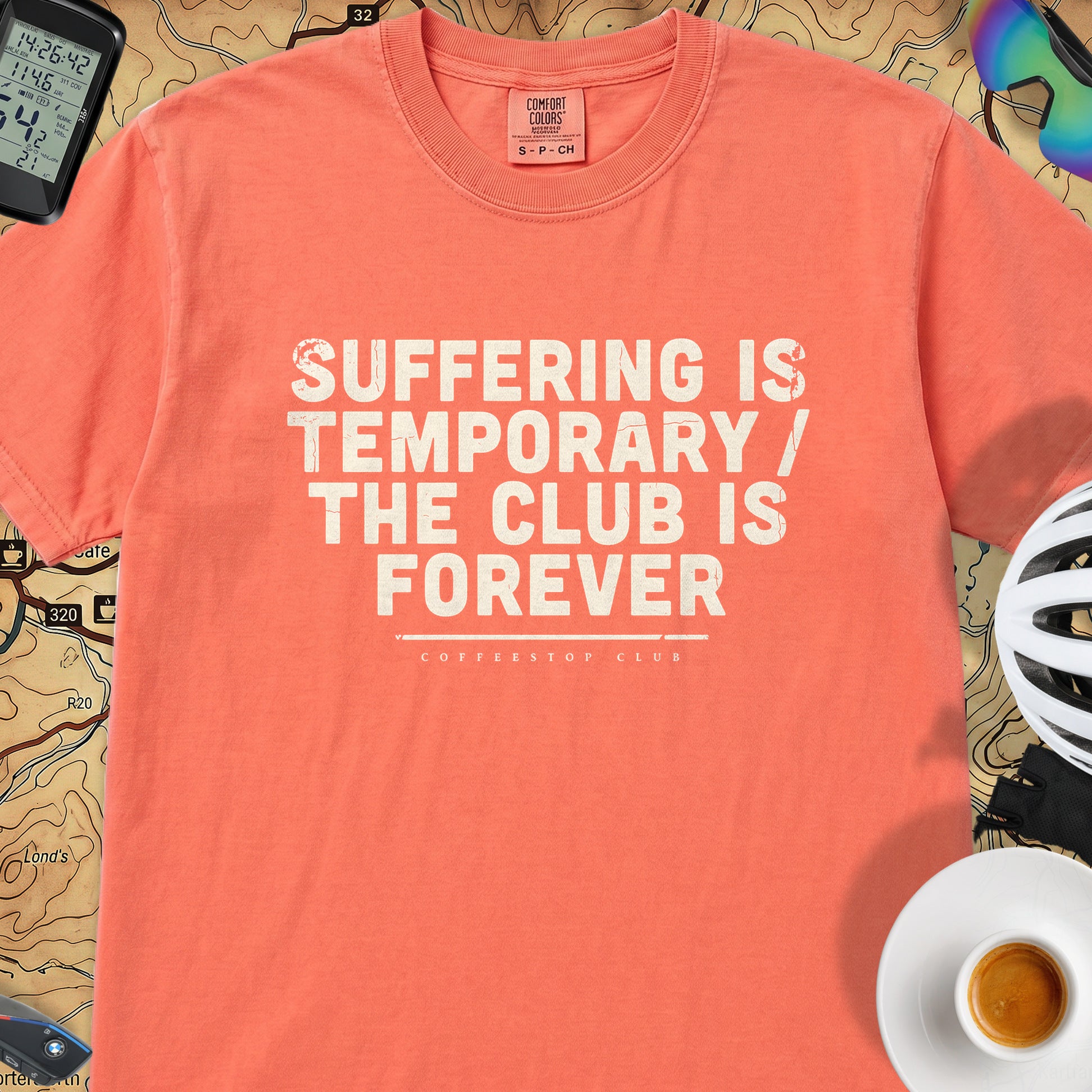Suffering is Temporary Cycling T‑Shirt — Bright Salmon