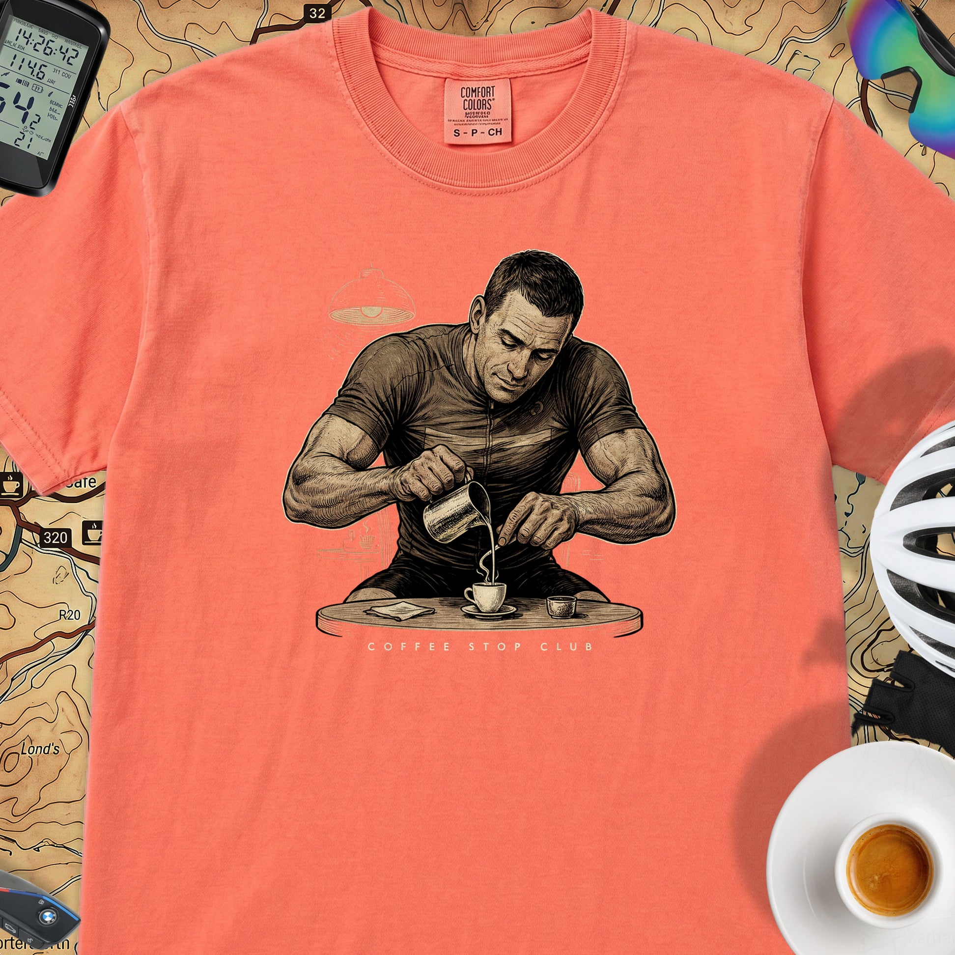 Espresso Stop Cycling T-Shirt — Bright Salmon