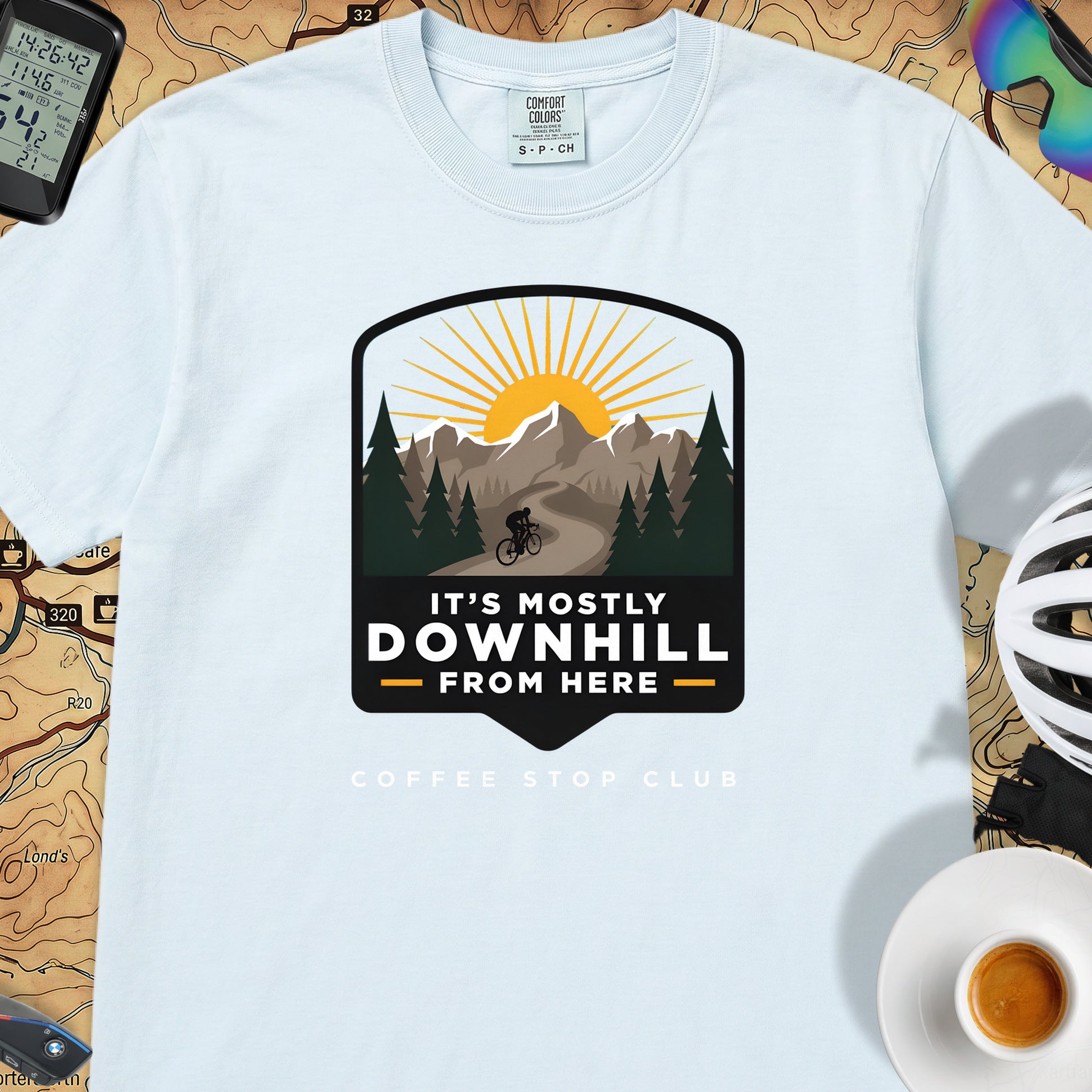 It's Mostly Downhill From Here Cycling T-Shirt — Chambray