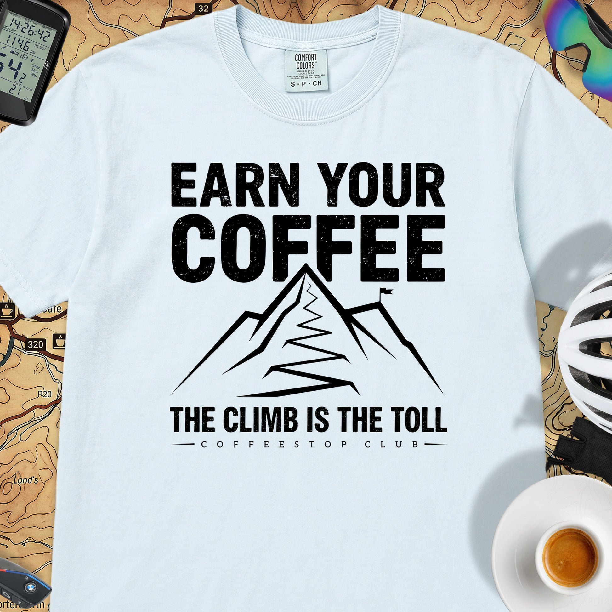 Earn Your Coffee Cycling T-Shirt — Chambray