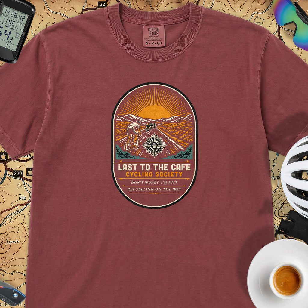 Last to the Café Cyclist T-Shirt — Chili
