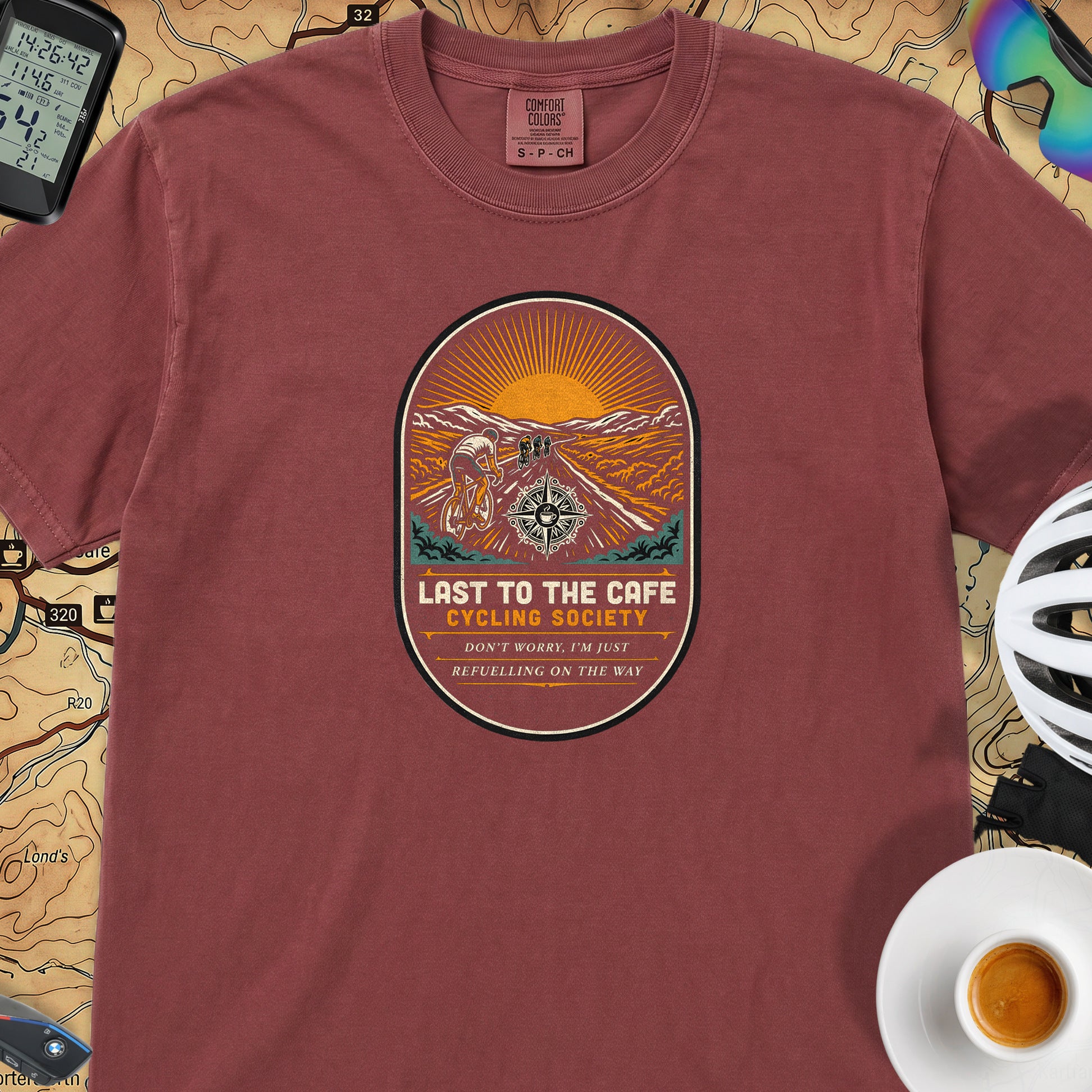 Last to the Café Cyclist T-Shirt — Chili