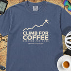 Climb For Coffee T‑Shirt — China Blue