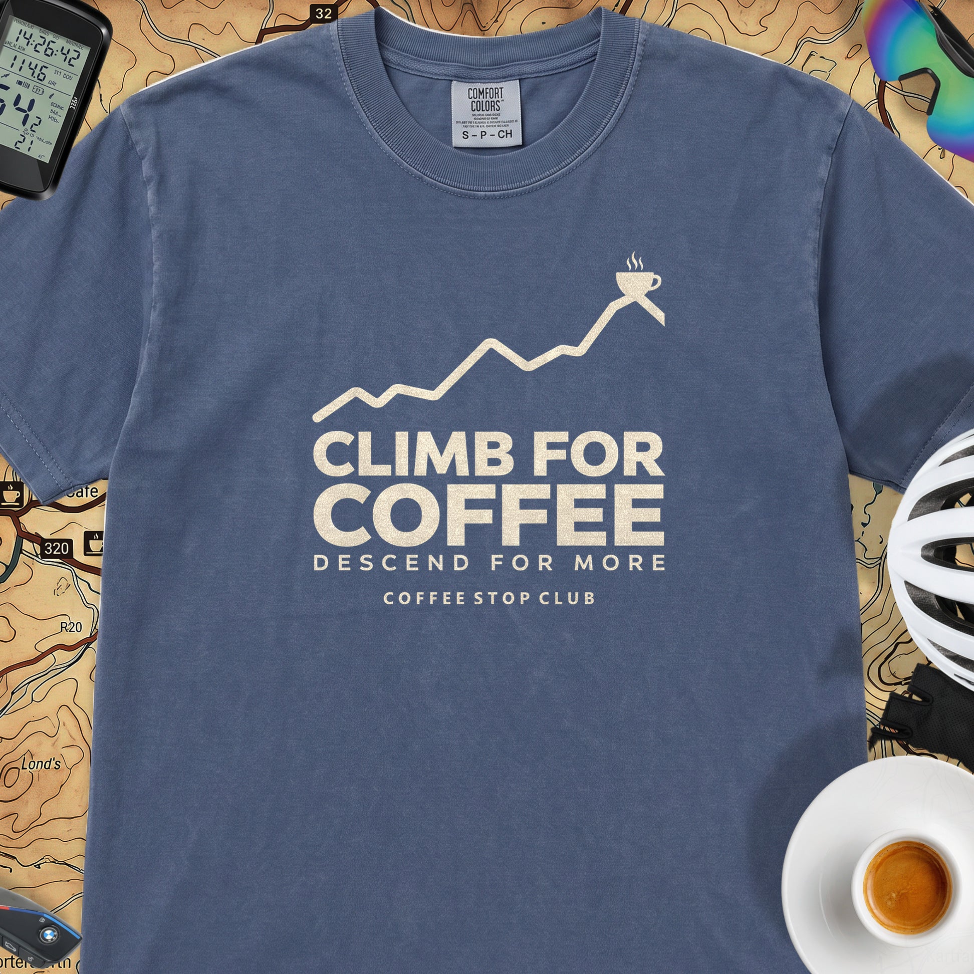 Climb For Coffee T‑Shirt — China Blue