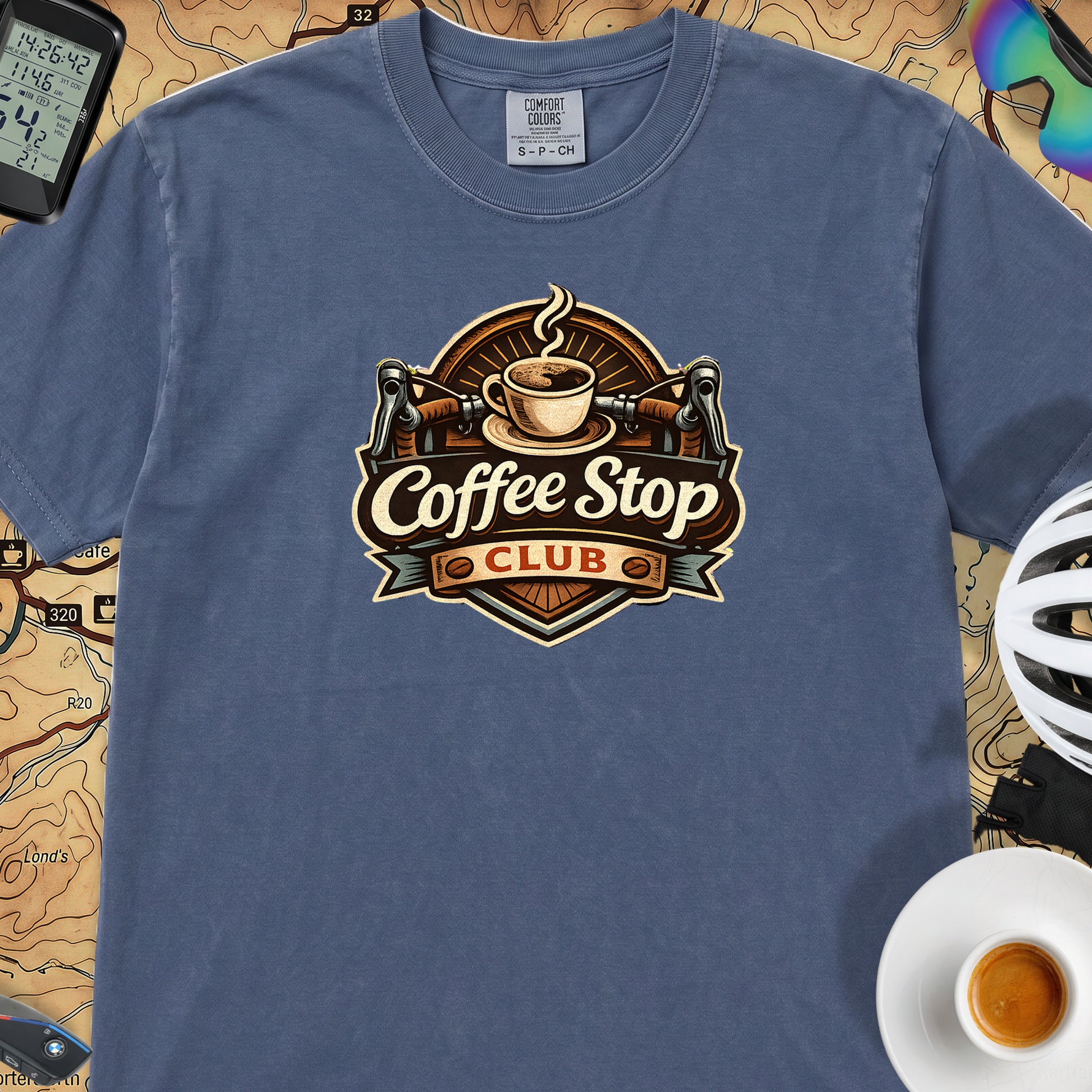Vintage Coffee Stop Club T‑Shirt — China Blue