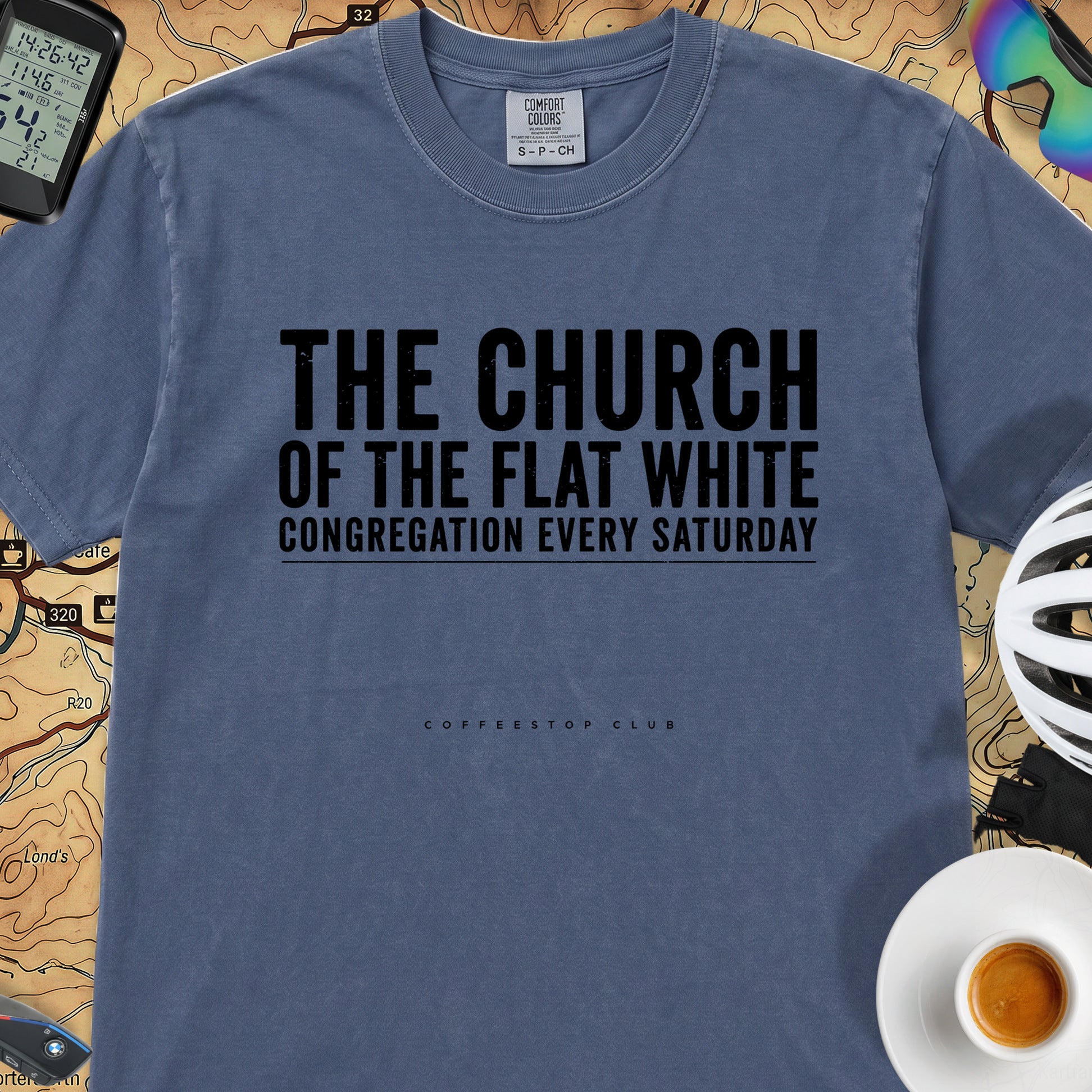 Church of the Flat White T‑Shirt — China Blue