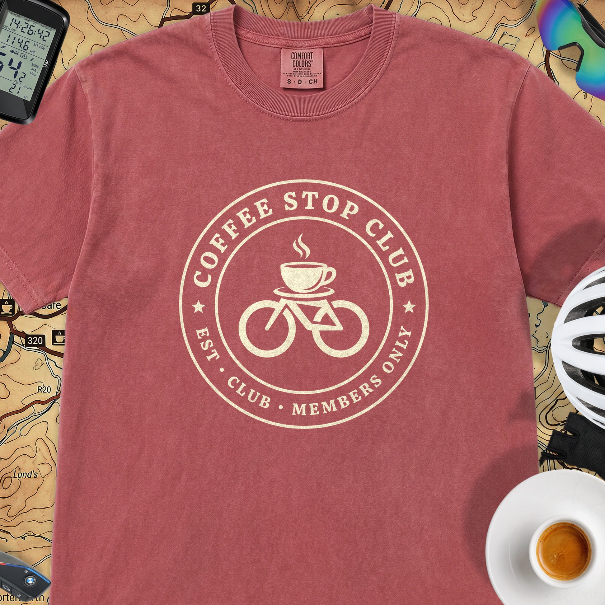 Coffee Stop Club Bike T-Shirt — Crimson