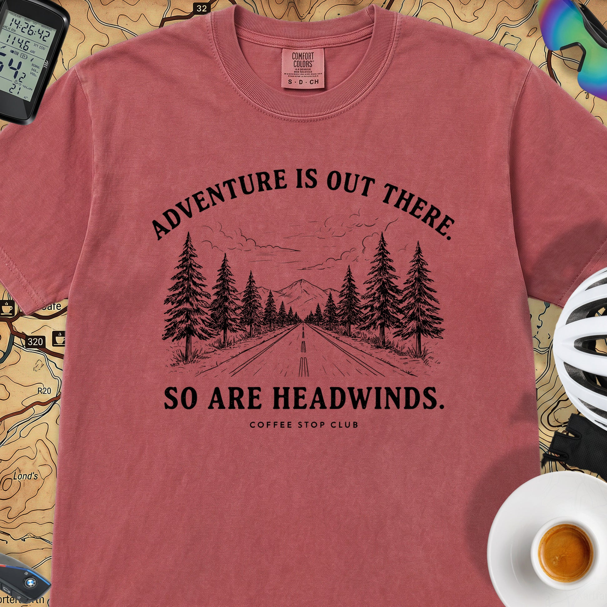 Adventure Is Out There Cycling T-Shirt — Crimson