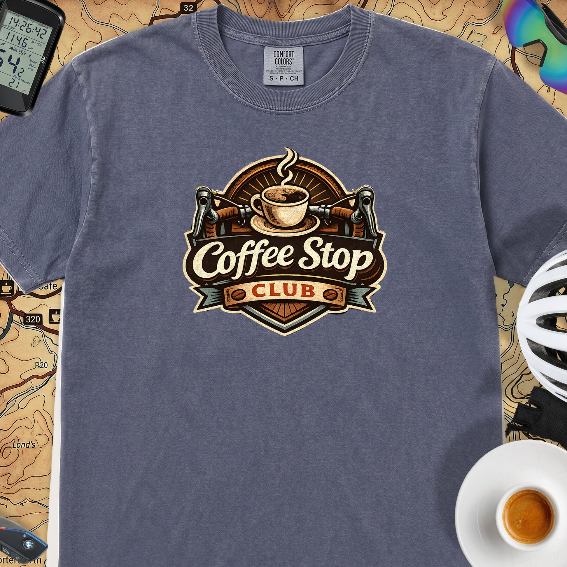 Vintage Coffee Stop Club T‑Shirt — Denim