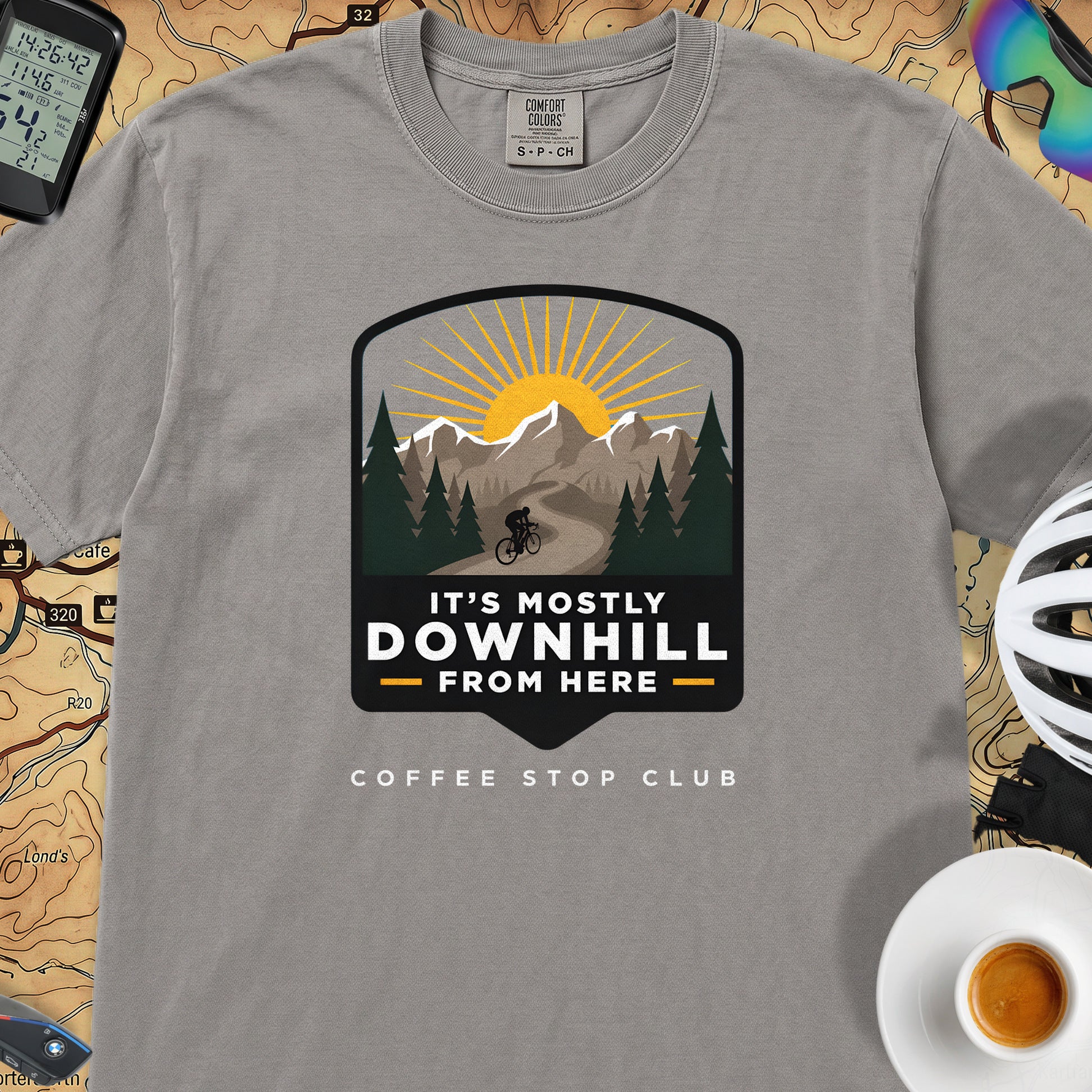 It's Mostly Downhill From Here Cycling T-Shirt — Grey