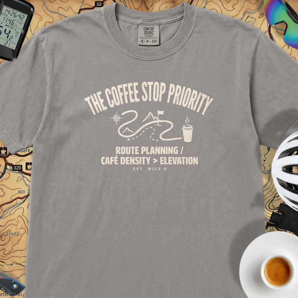 Coffee Stop Priority Cyclist T-Shirt — Grey