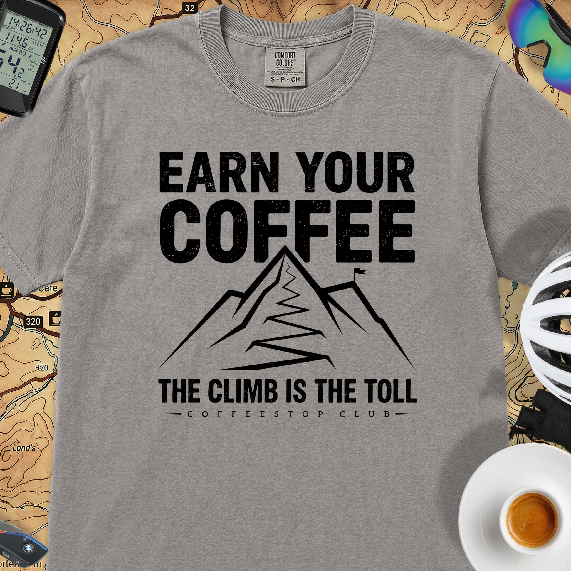 Earn Your Coffee Cycling T-Shirt — Grey