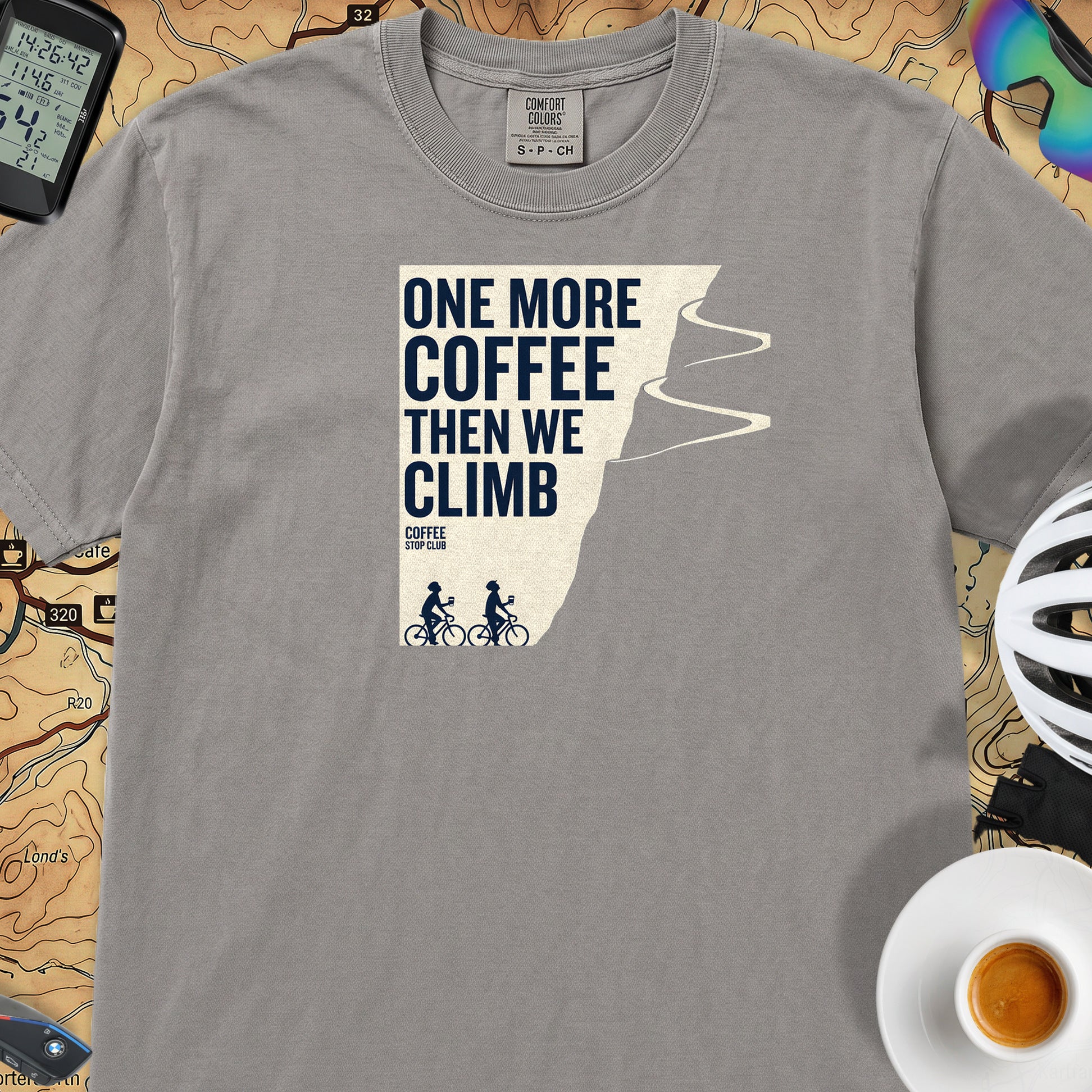 One More Coffee Then We Climb T-Shirt — Grey