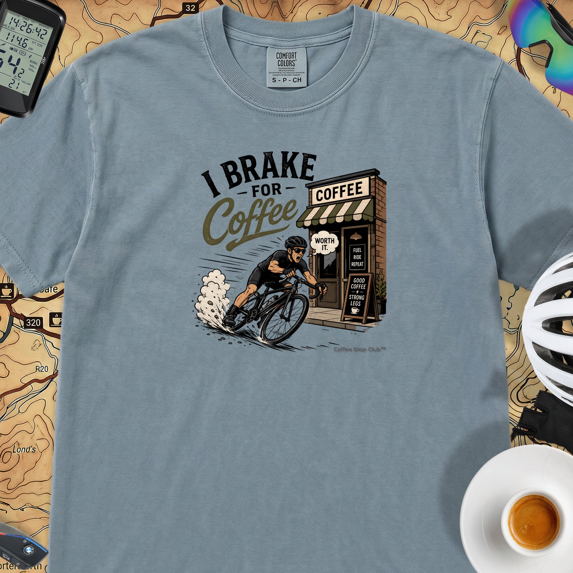 I Brake For Coffee T-Shirt — Ice Blue