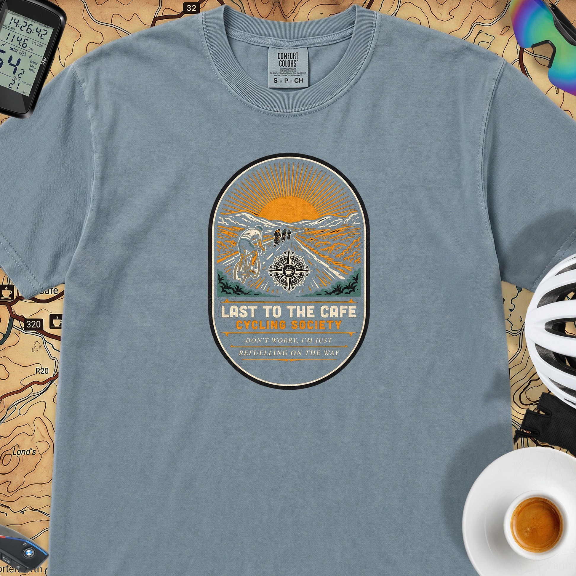 Last to the Café Cyclist T-Shirt — Ice Blue