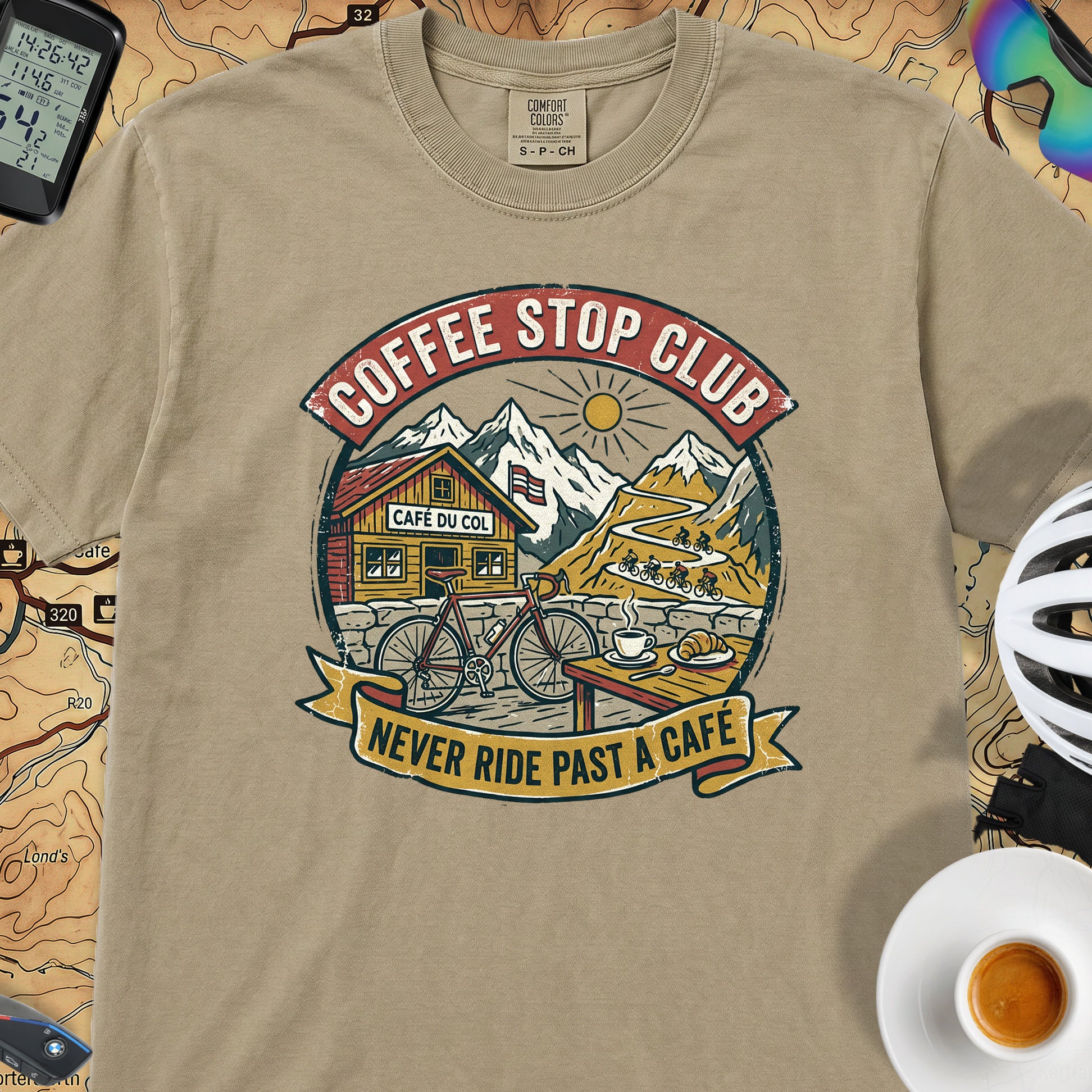 Never Pass a Café T‑Shirt — Khaki