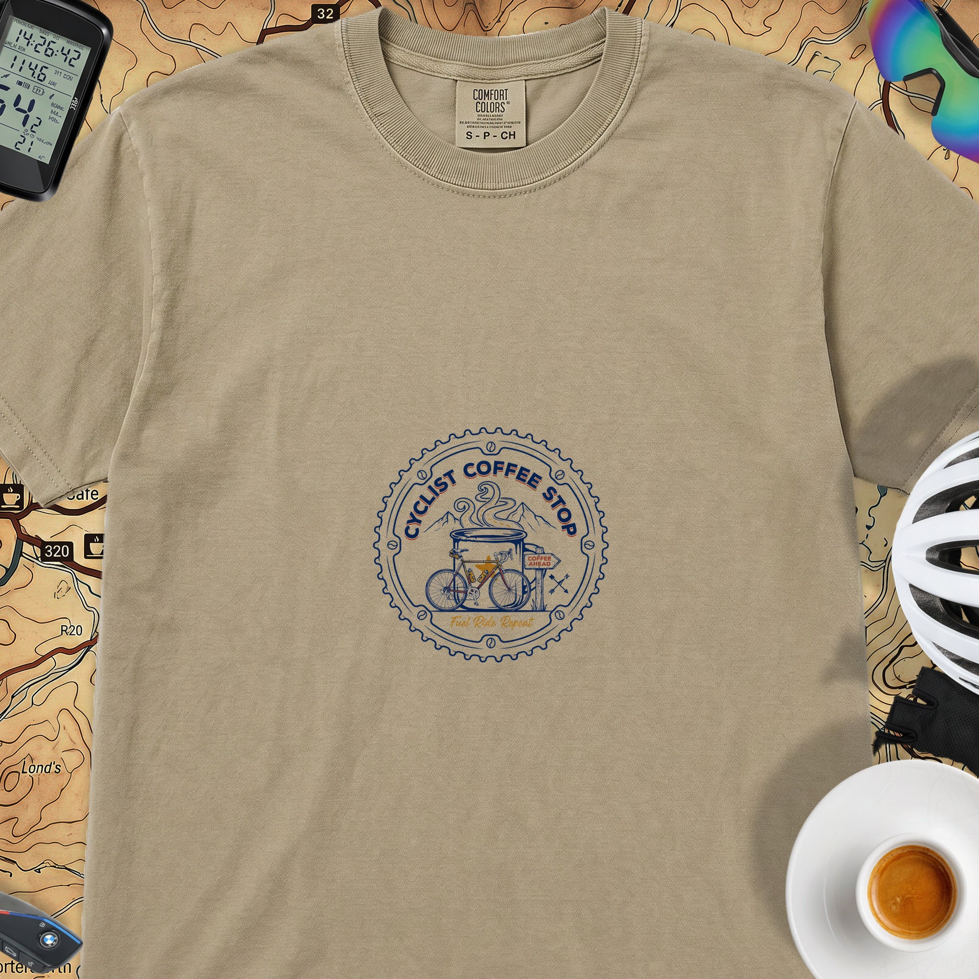 Cyclist Coffee Shop T-Shirt — Khaki