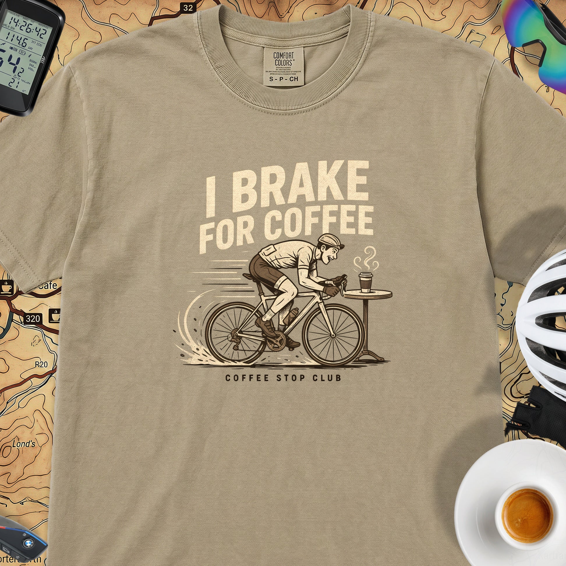 I Brake For Coffee  T-Shirt — Khaki