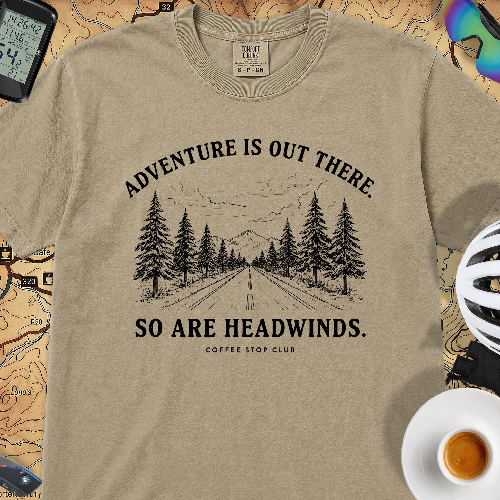 Adventure Is Out There Cycling T-Shirt — Khaki