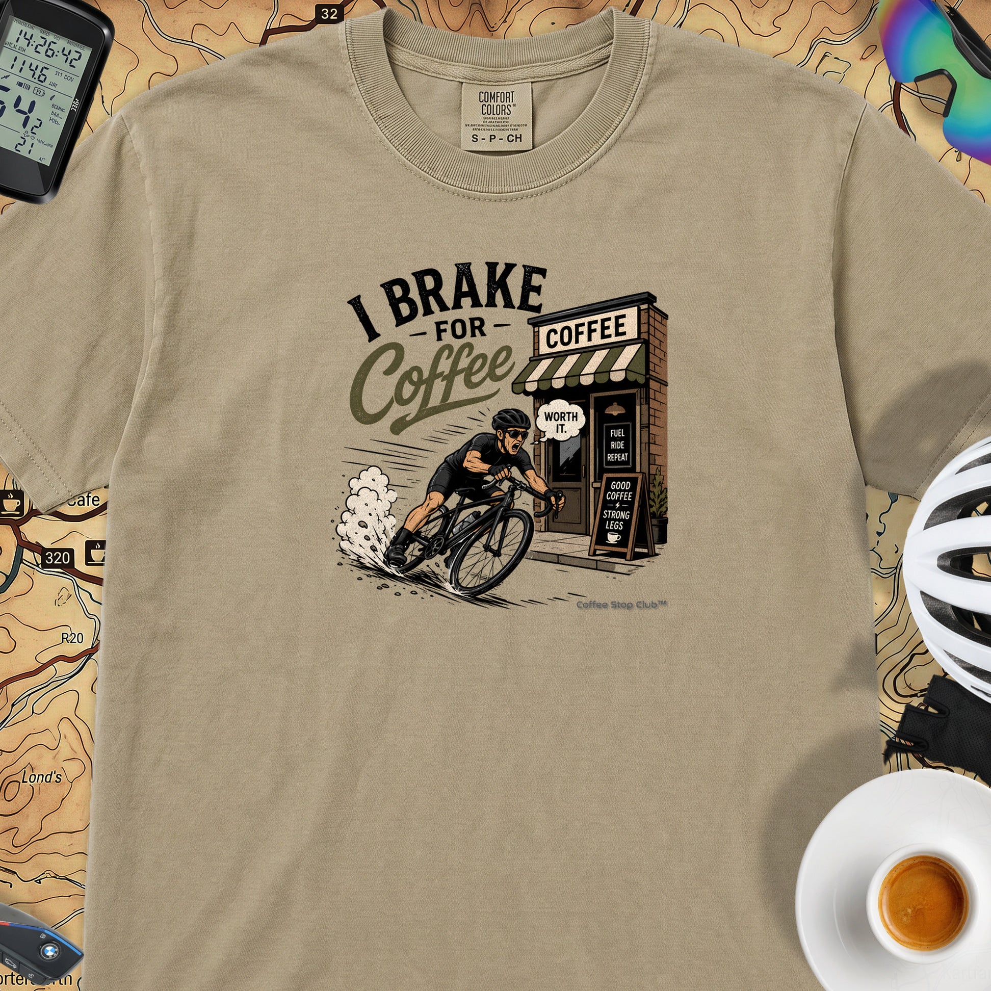 I Brake For Coffee T-Shirt — Khaki