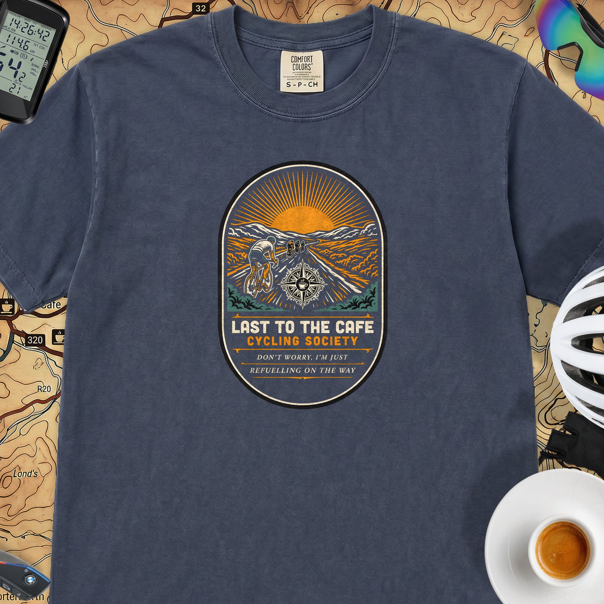 Last to the Café Cyclist T-Shirt — Midnight