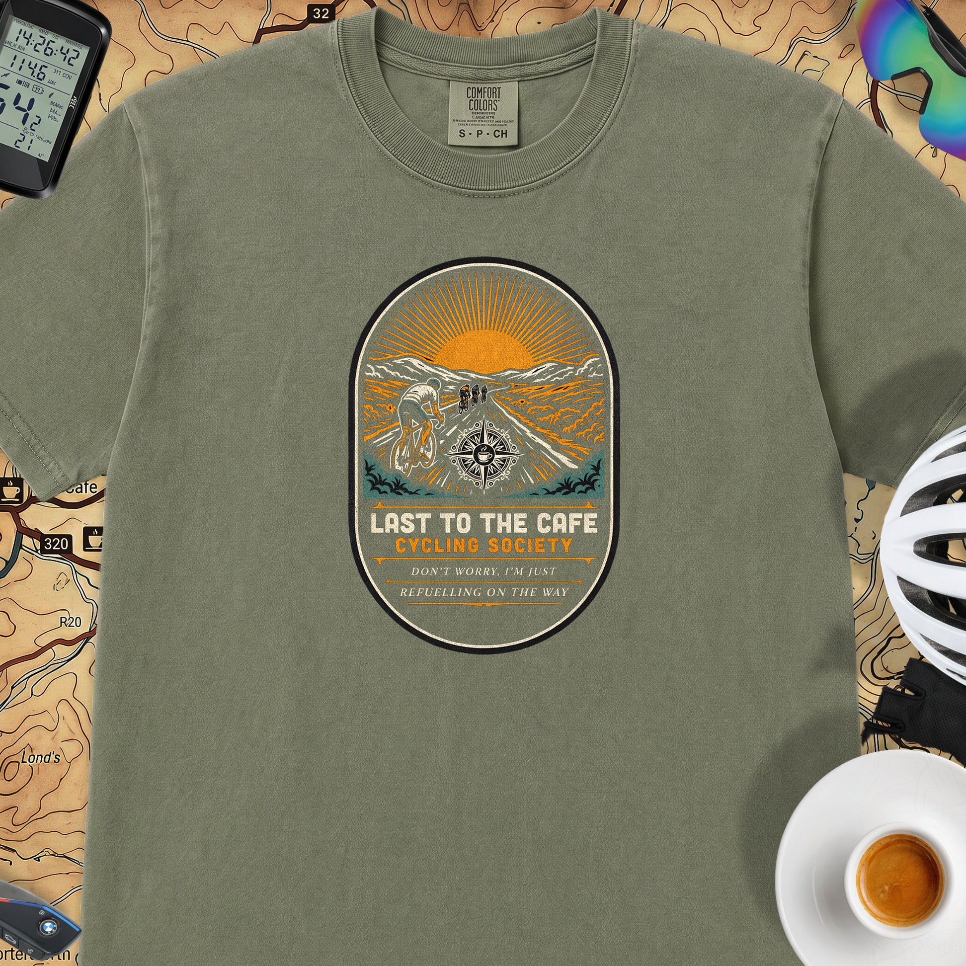 Last to the Café Cyclist T-Shirt — Moss
