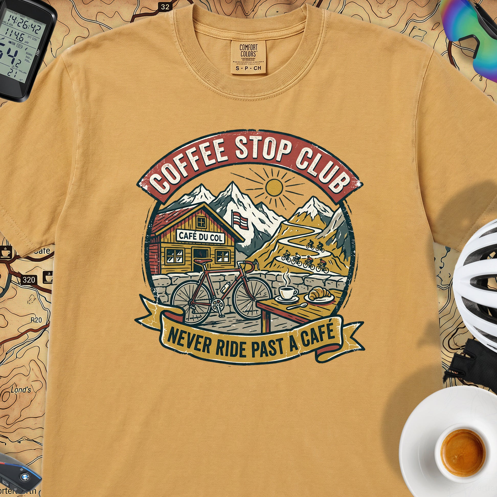 Never Pass a Café T‑Shirt — Mustard