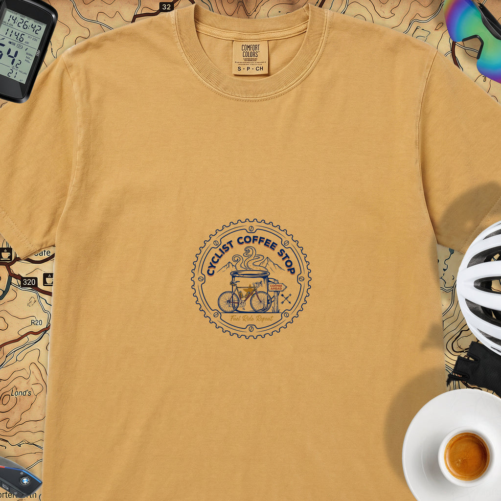 Cyclist Coffee Shop T-Shirt — Mustard