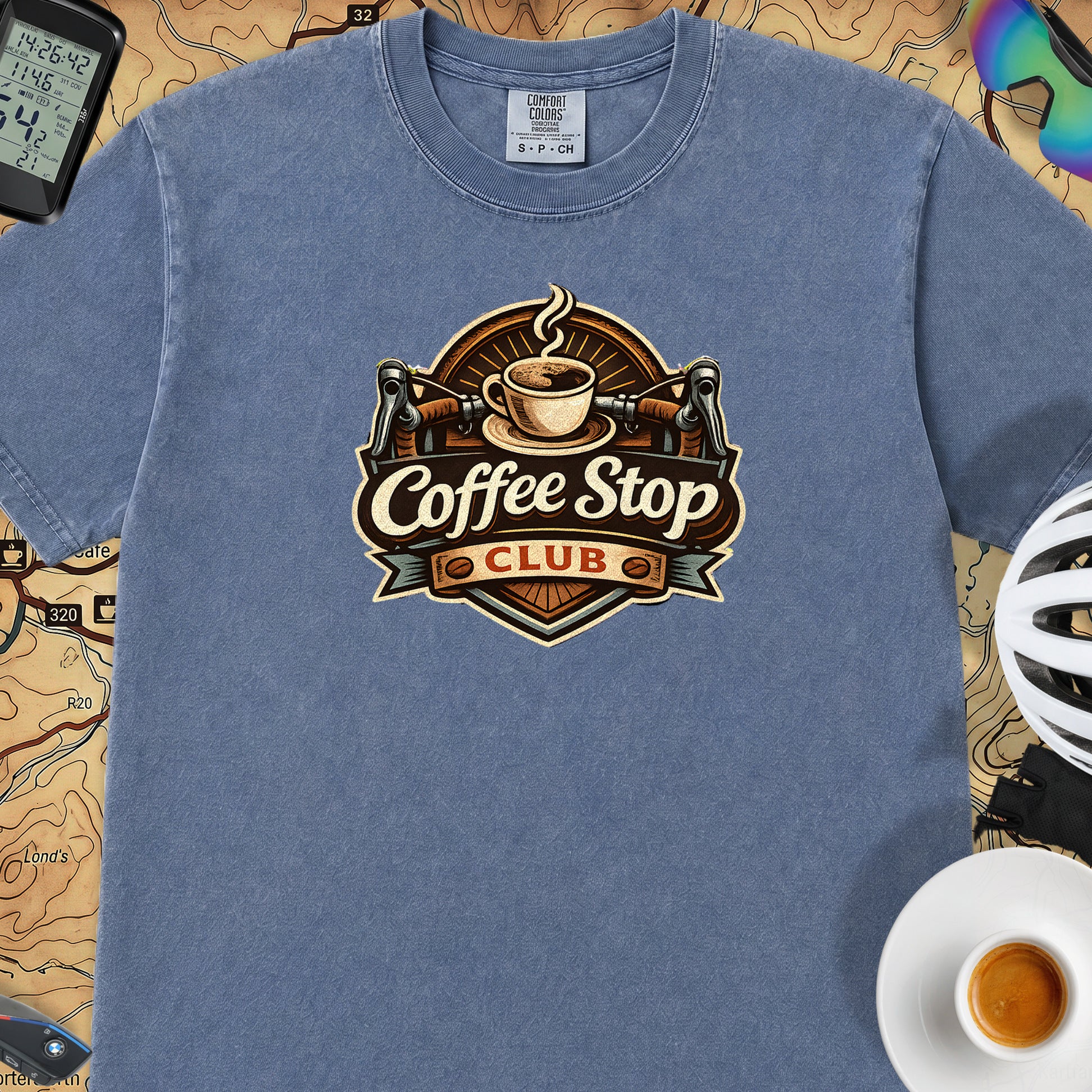 Vintage Coffee Stop Club T‑Shirt — Mystic Blue