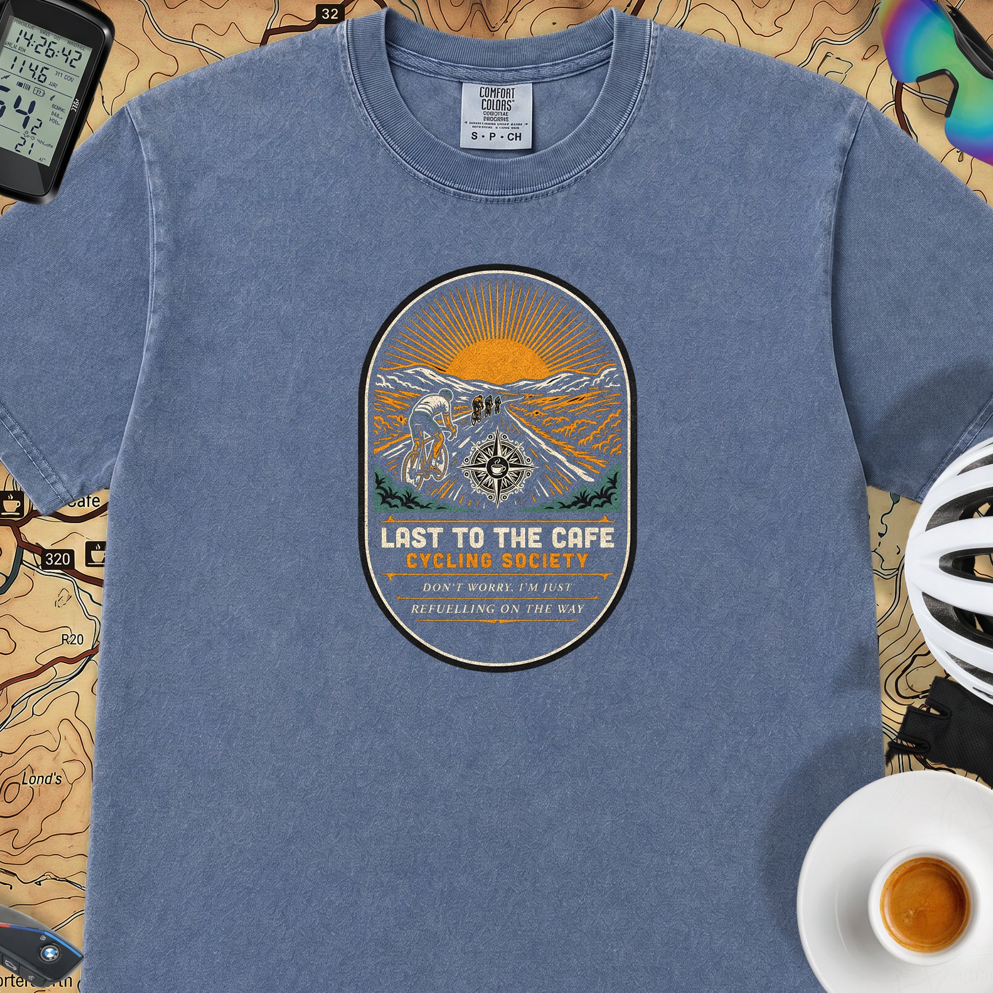 Last to the Café Cyclist T-Shirt — Mystic Blue