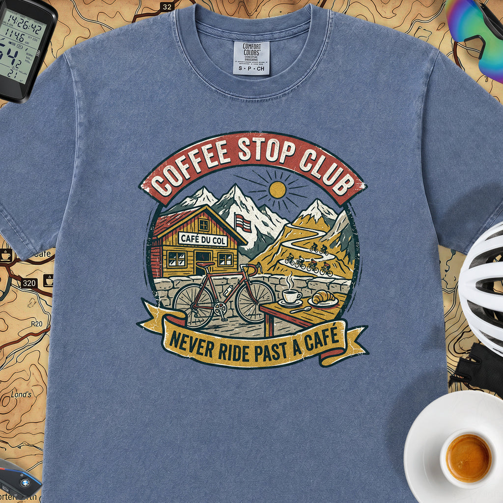 Never Pass a Café T‑Shirt — Mystic Blue